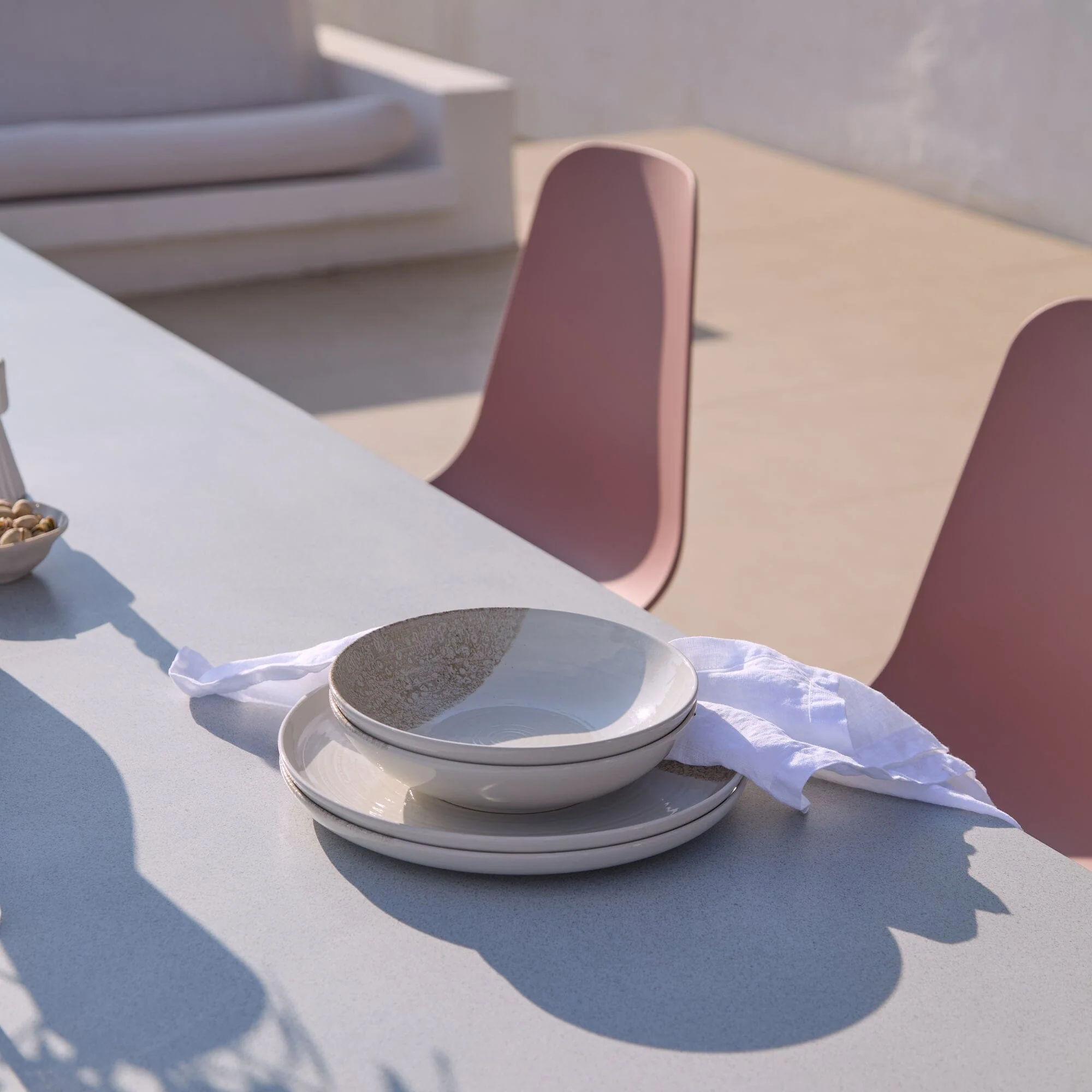Amelia 6 Seater Pale Grey Concrete Garden Dining Set with Wren Dusty Pink Chairs - Image 10