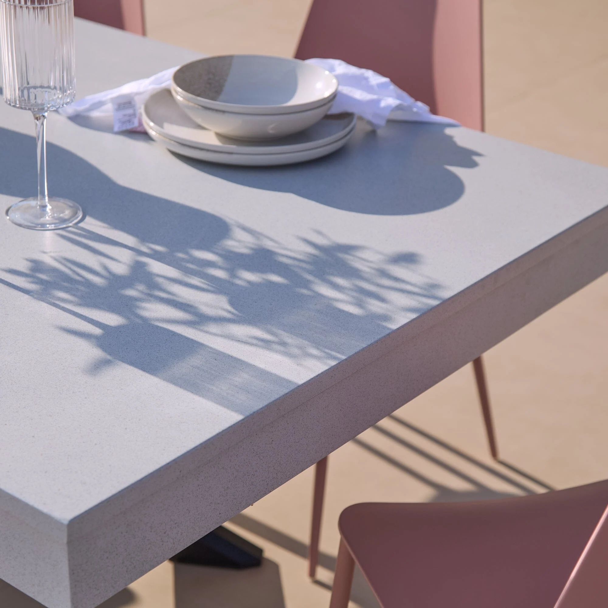 Amelia 6 Seater Pale Grey Concrete Garden Dining Set with Wren Dusty Pink Chairs - Image 11