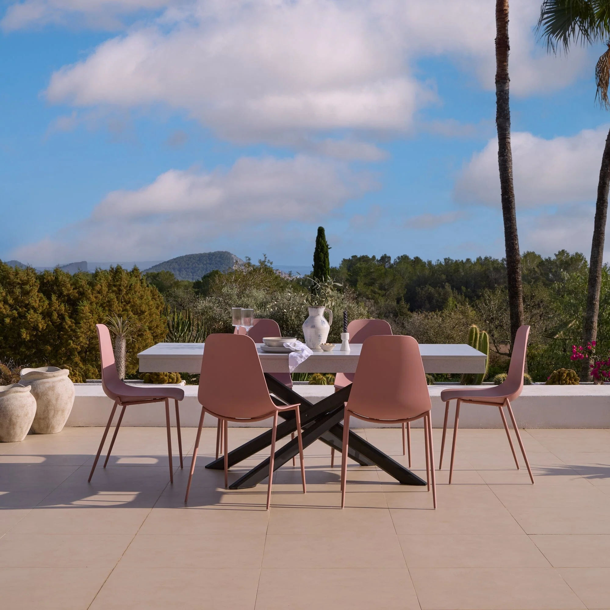 Amelia 6 Seater Pale Grey Concrete Garden Dining Set with Wren Dusty Pink Chairs - Image 5