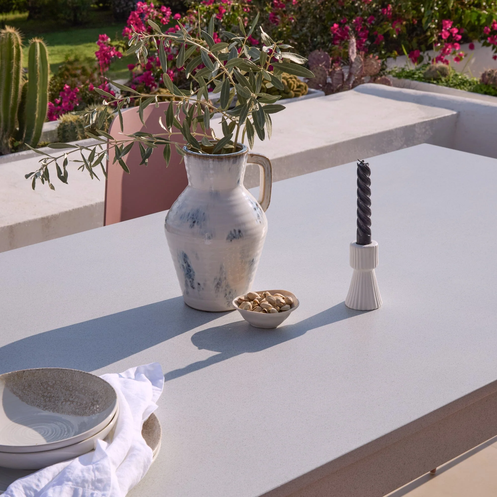 Amelia 6 Seater Pale Grey Concrete Garden Dining Set with Wren Dusty Pink Chairs - Image 6