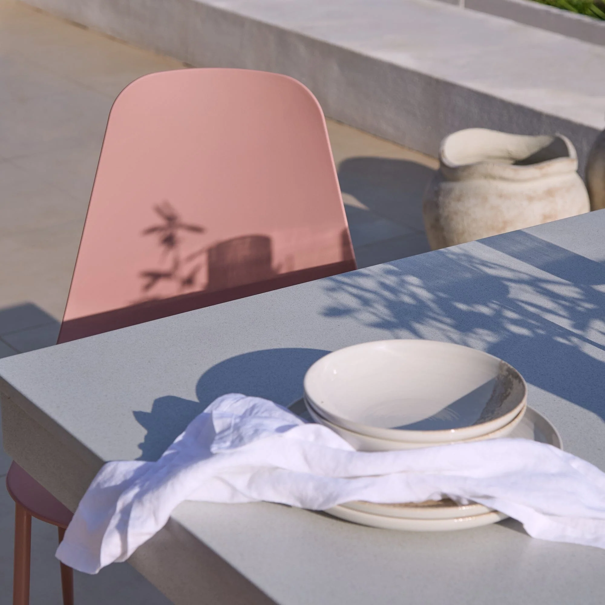 Amelia 6 Seater Pale Grey Concrete Garden Dining Set with Wren Dusty Pink Chairs - Image 8