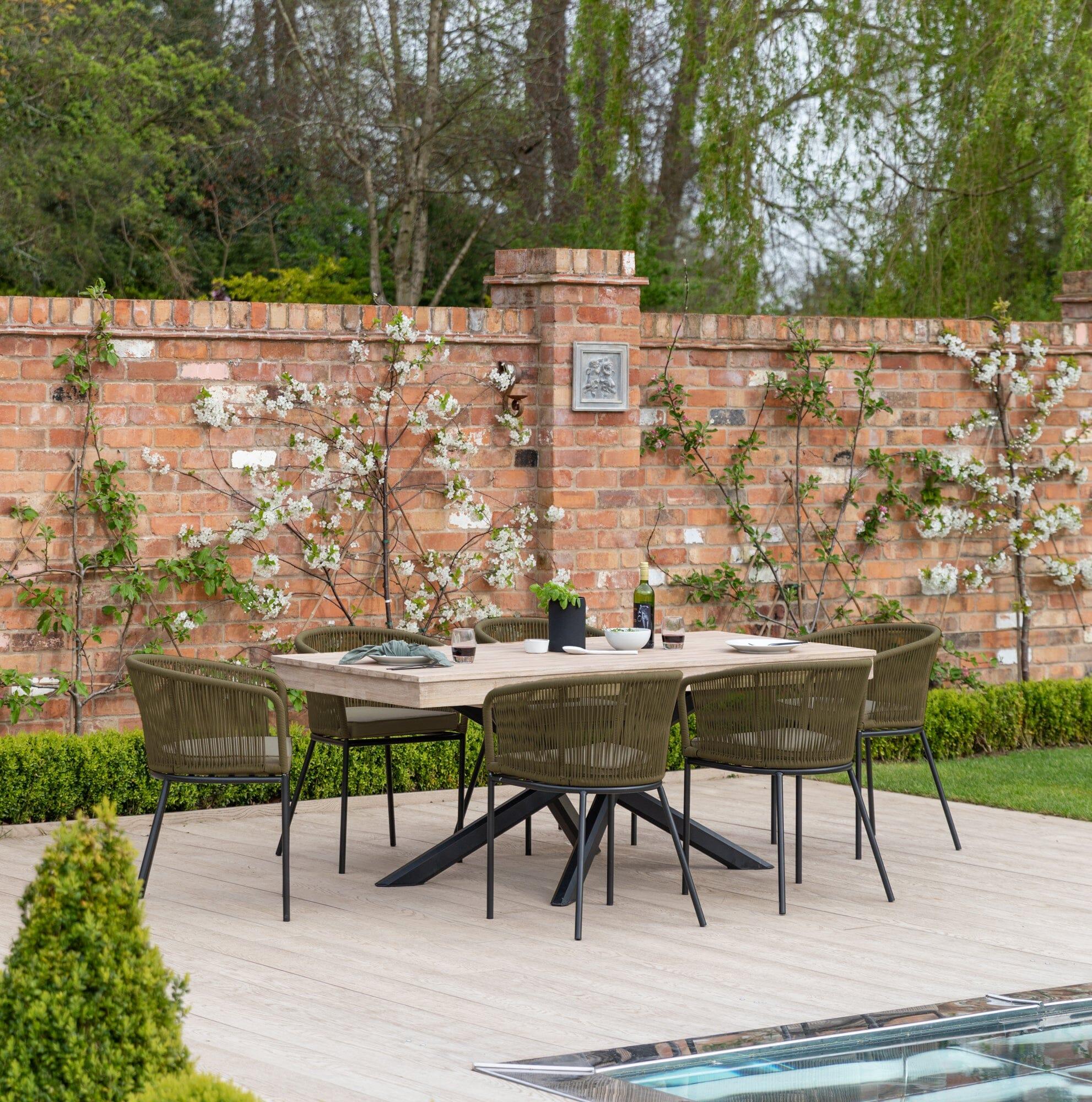 Amelia 6 Seater Wooden Garden Dining Set with 6 Hali Green Chairs - Light Brushed Acacia with Black Legs