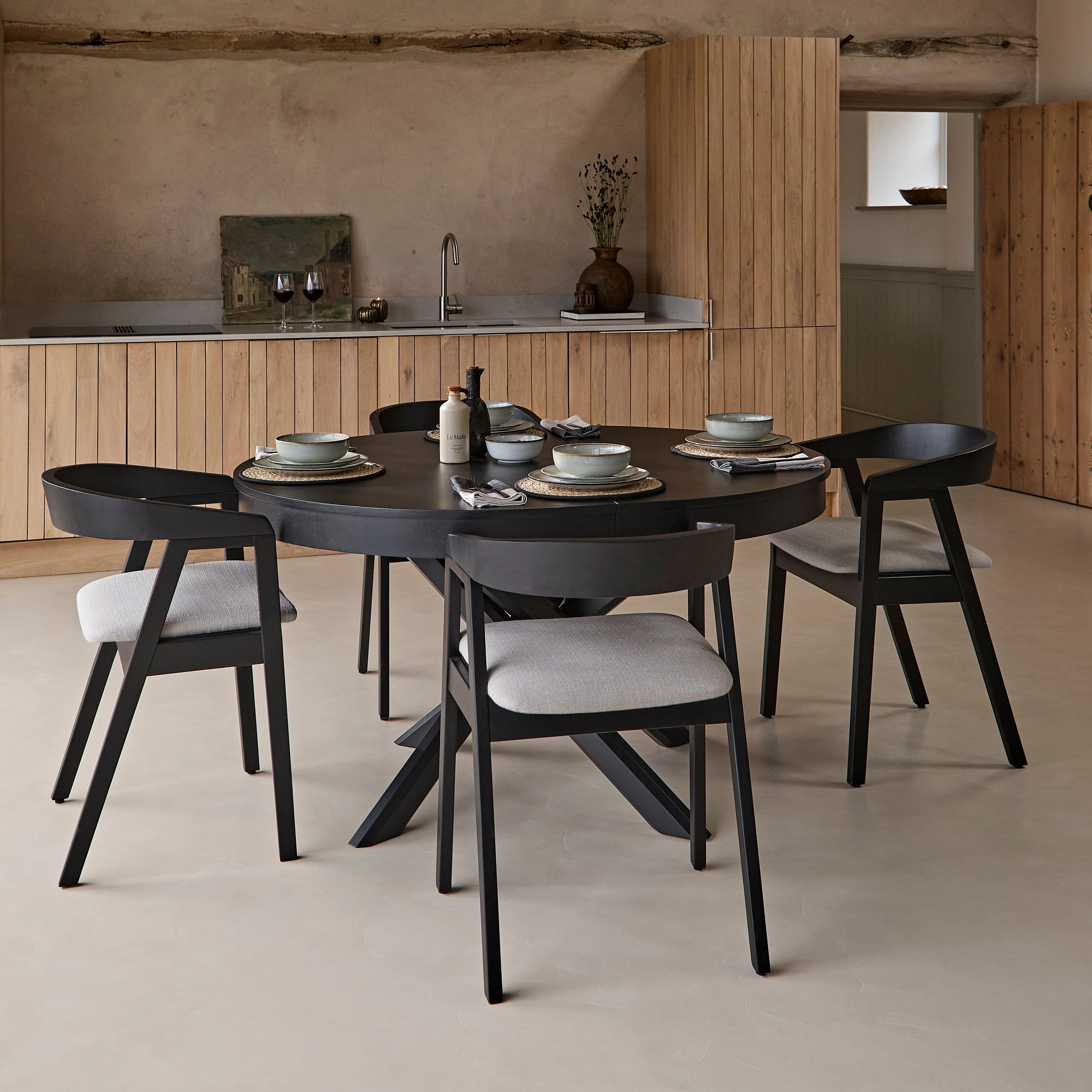 Amelia Black Oak Oval Extending Dining Table Set - 4 Seater - Ella Black Oak Carver Chairs - Fawn Linen