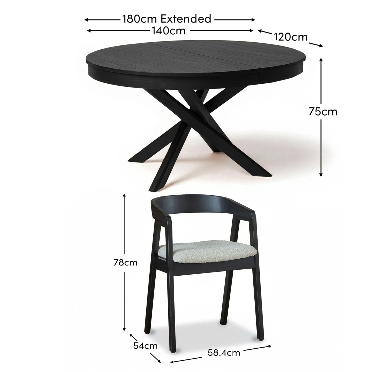 Amelia Black Oak Oval Extending Dining Table Set - 4 Seater - Ella Black Oak Carver Chairs - Off White Boucle - Image 15