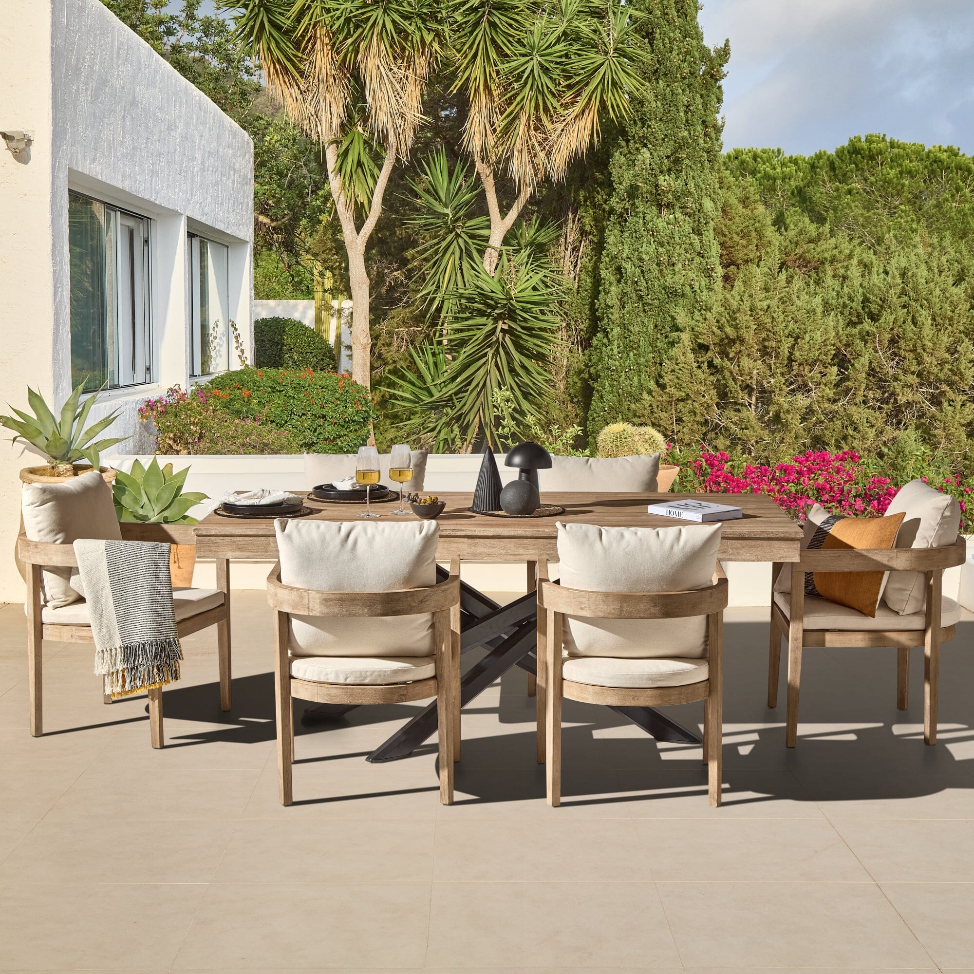 Amelia 6 Seater Wooden Garden Dining Set with 6 Imani Chairs - Light Brushed Acacia with Black Legs - Image 9