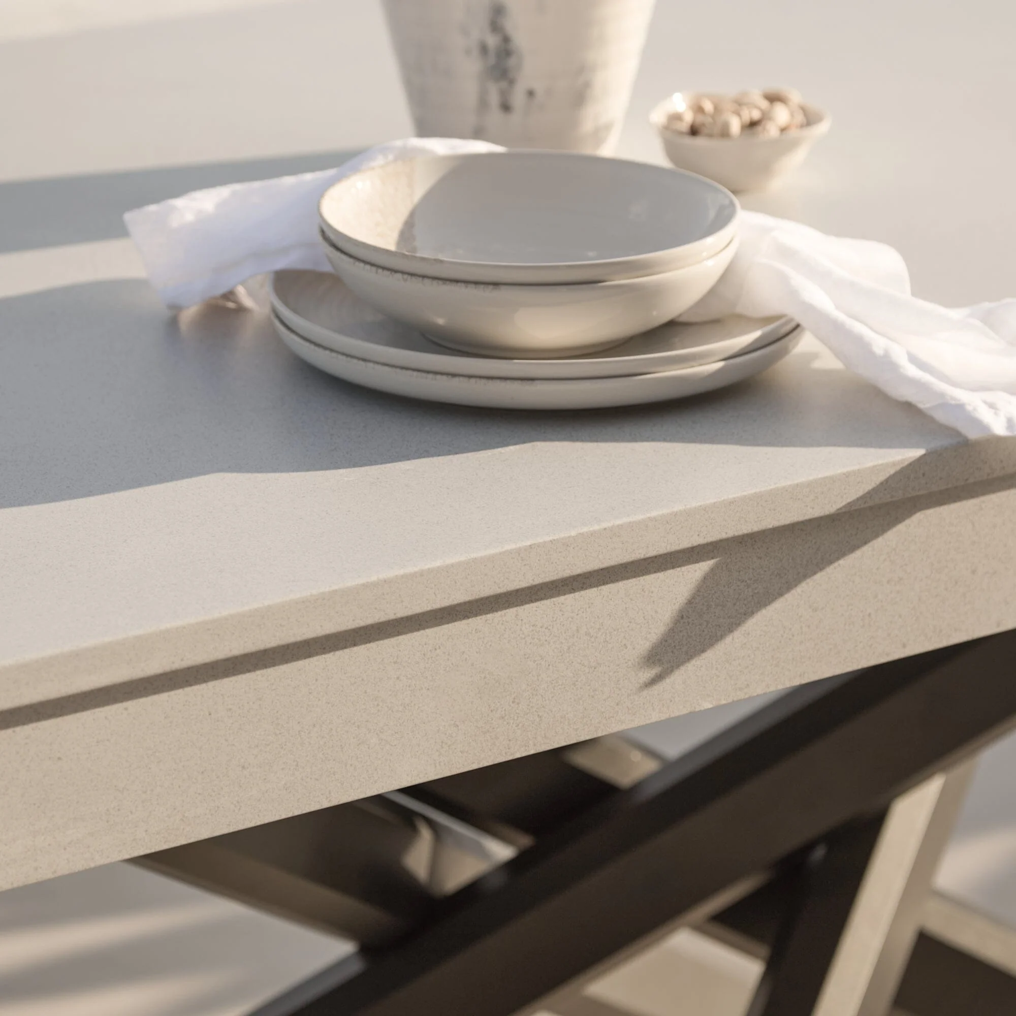 Amelia 6 Seater Concrete Garden Dining Table - Metal Legs - Pale Grey - Image 3