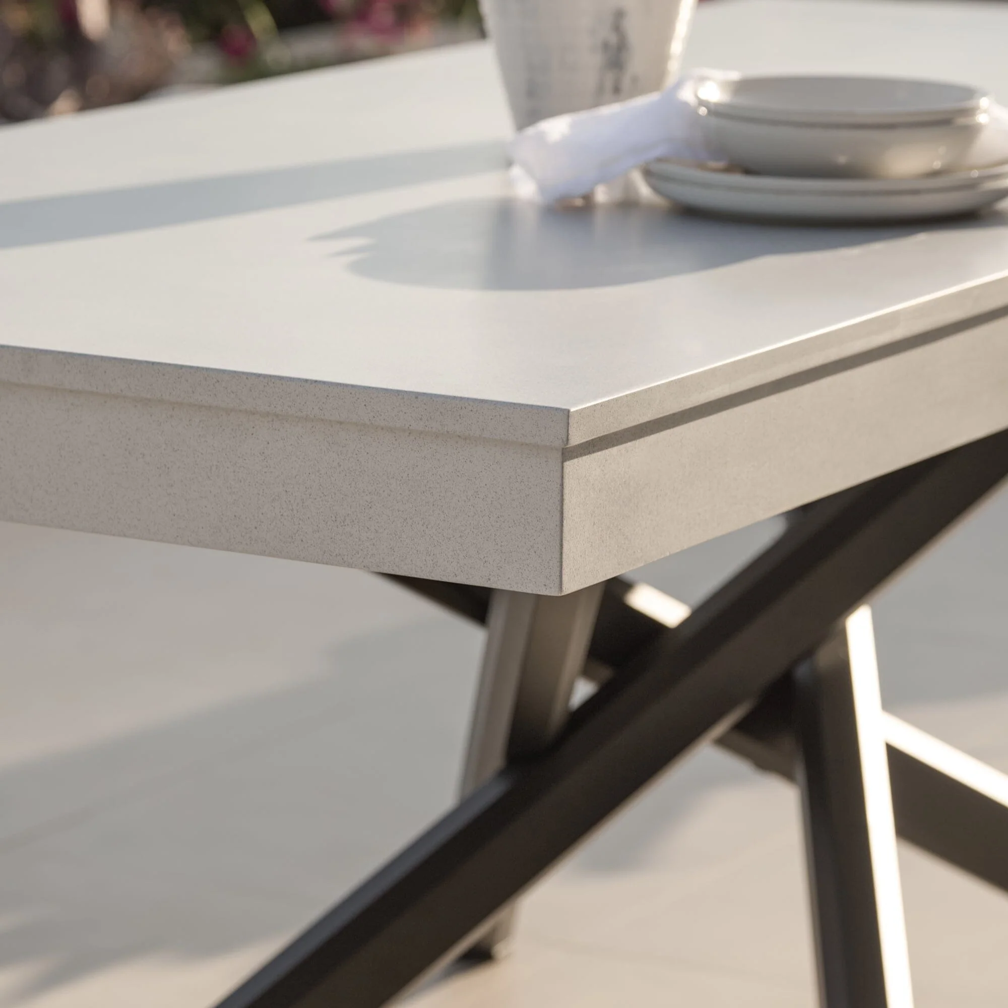 Amelia 6 Seater Concrete Garden Dining Table - Metal Legs - Pale Grey - Image 7