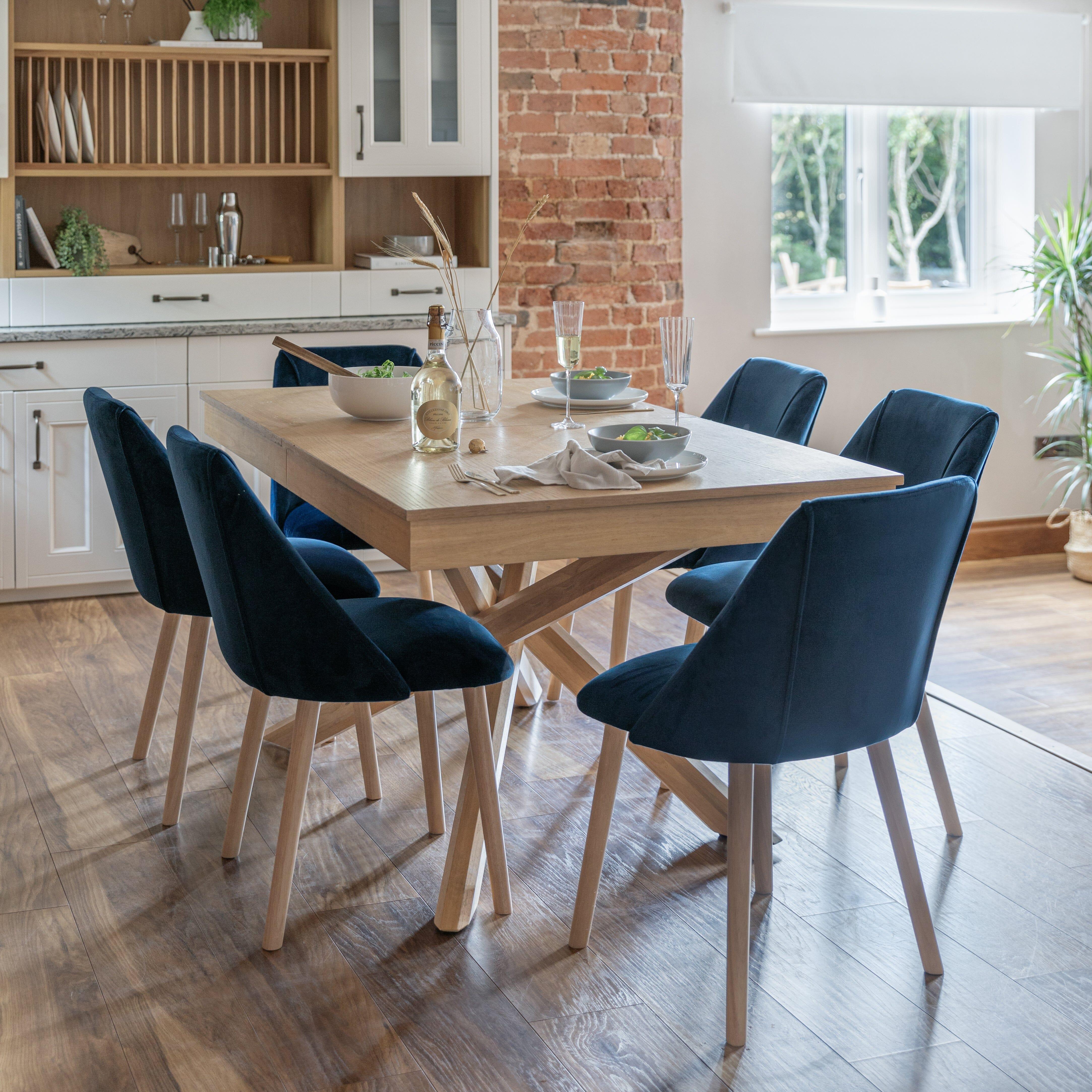 Amelia Whitewash Dining Table Set - 6 Seater - Freya Blue Dining Chairs - Whitewash Oak Legs