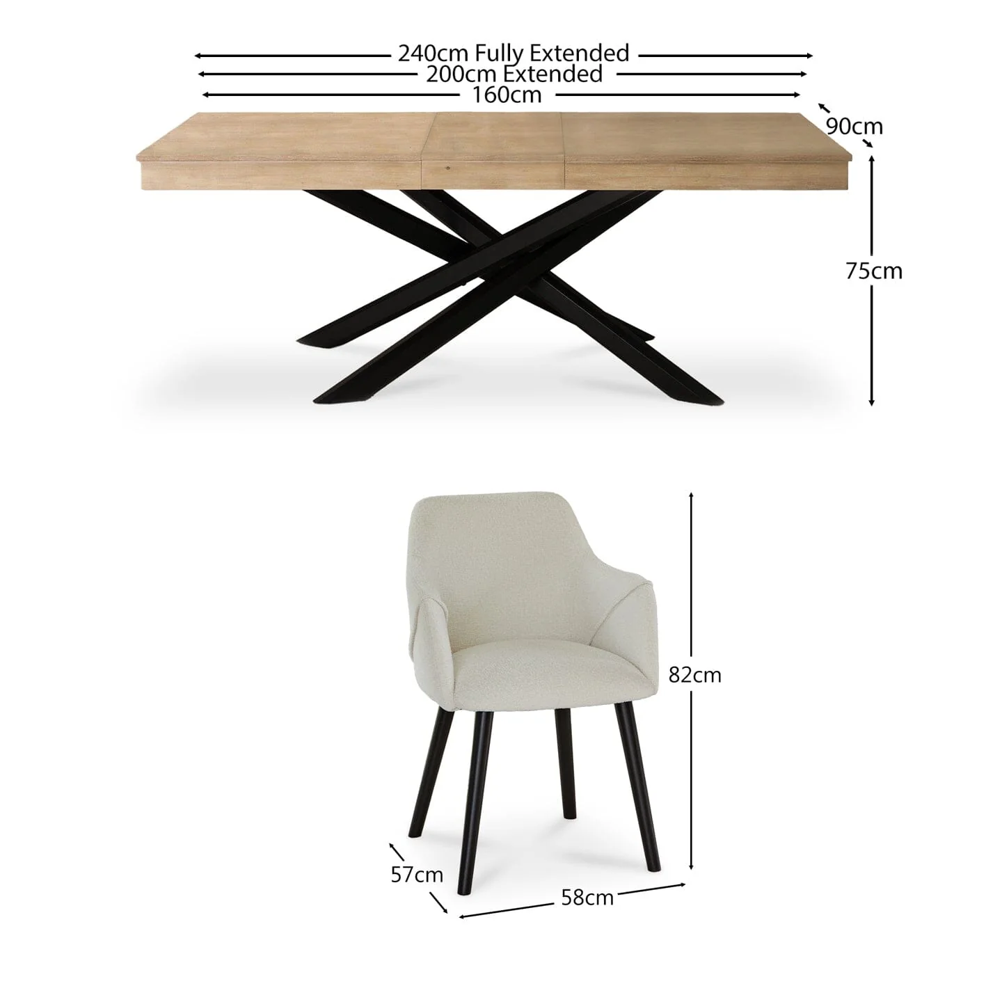Amelia Whitewash Extendable Dining Table Set - 6 Seater - Freya Boucle Carver Chairs - Black Legs - Image 11