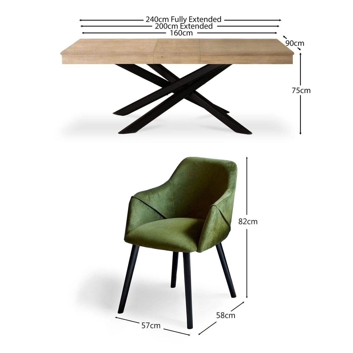Amelia Whitewash Extendable Dining Table Set - 6 Seater - Freya Fern Green Carver Chairs - Black Legs - Image 11
