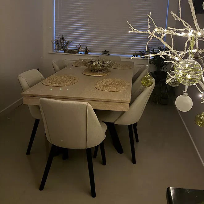 Amelia Whitewash Extendable Dining Table Set - 6 Seater - Freya Sand Dining Chairs - Black Legs - Image 4