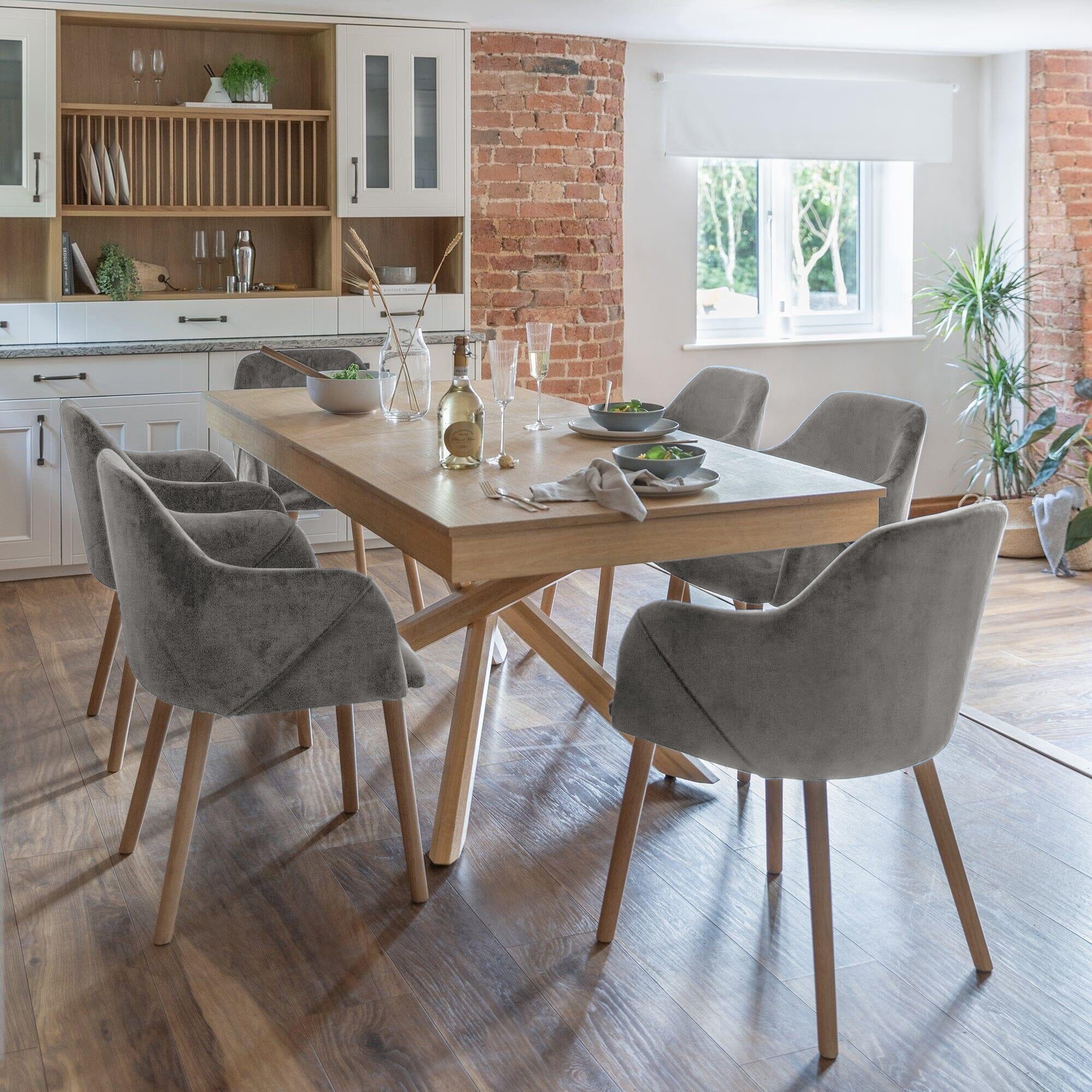 Amelia Whitewash Extendable Dining Table Set - 6 Seater - Freya Grey Carver Chairs - Whitewash Oak Legs