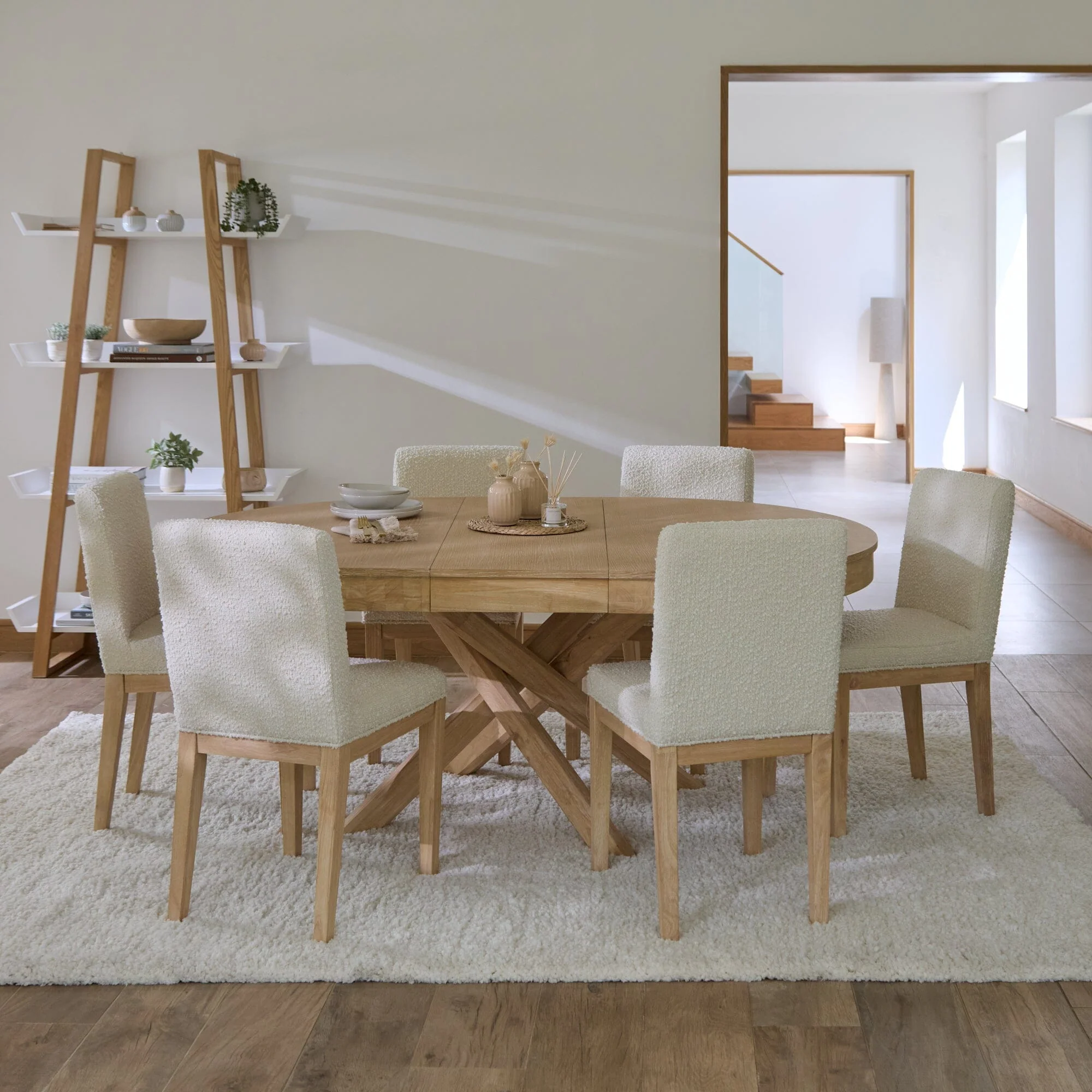 Amelia Whitewash Oval Extending Dining Table Set - 4 Seater - Nolan Boucle Dining Chairs - Whitewash Oak Legs - Image 2