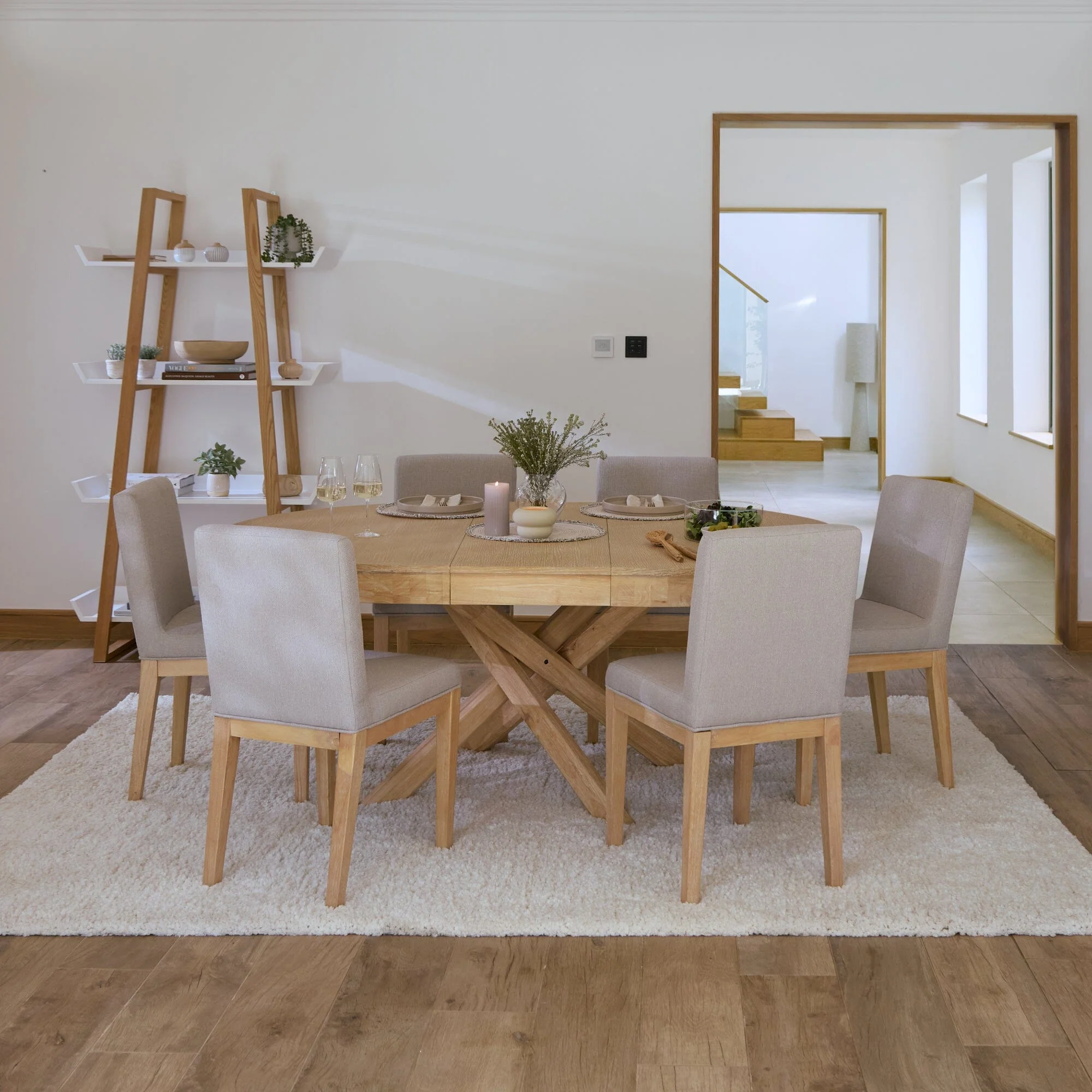 Amelia Whitewash Oval Extending Dining Table Set - 4 Seater - Nolan Fawn Linen Dining Chairs - Whitewash Oak Legs - Image 2