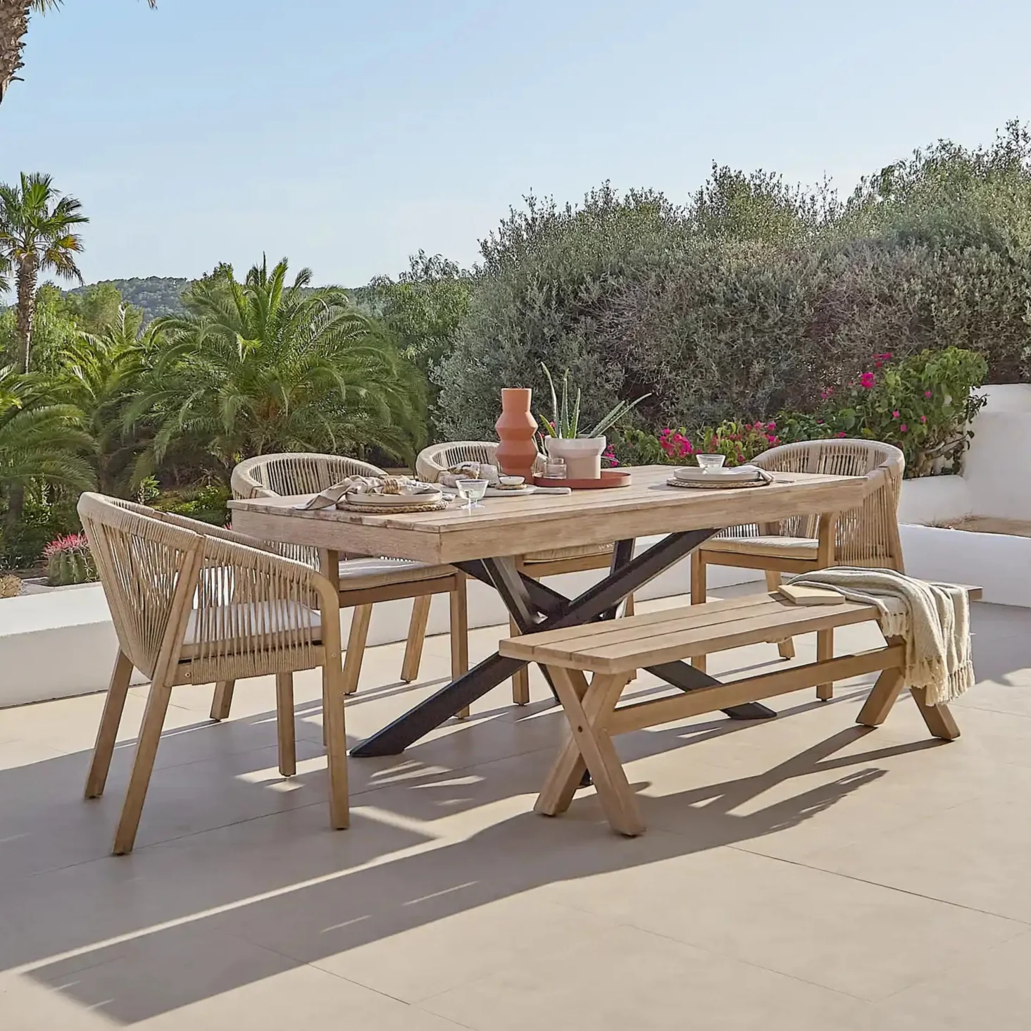 Amelia 6 Seater Wooden Garden Dining Set with 4 Nala Cushioned Chairs & Charlotte Bench