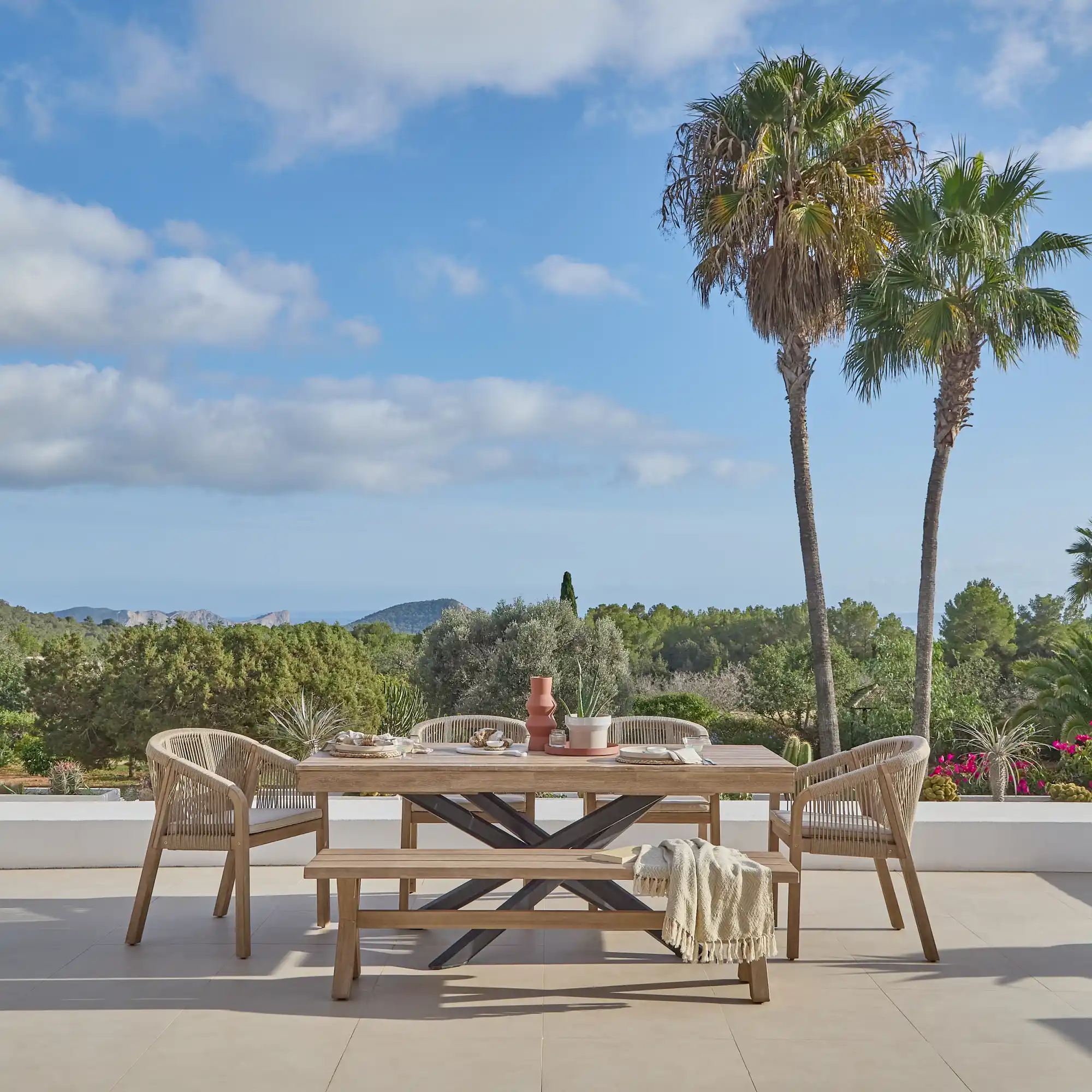 Amelia 6 Seater Wooden Garden Dining Set with 4 Nala Cushioned Chairs & Charlotte Bench - Image 2