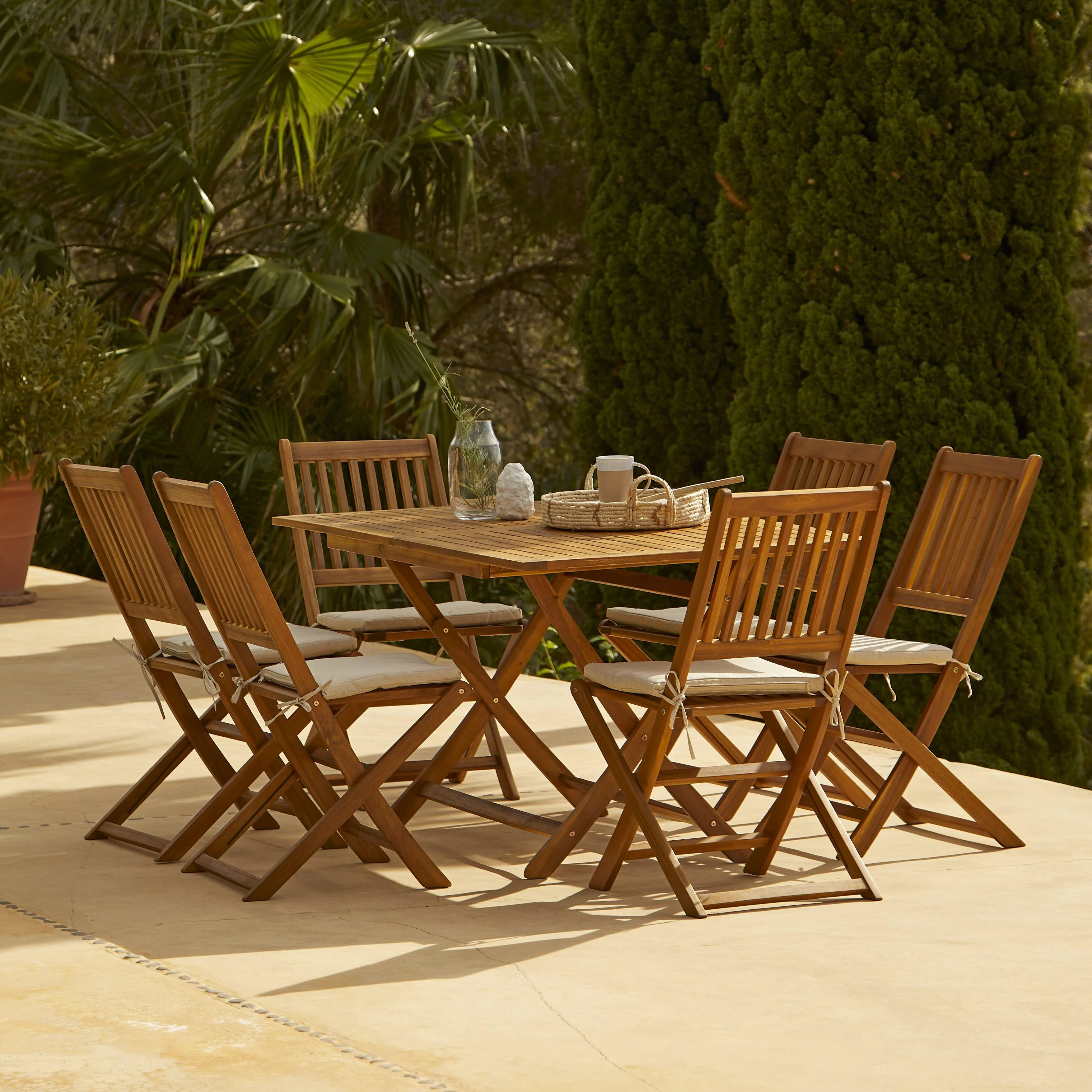 Ashby 6 Seater Wooden Rectangular Garden Dining Set with Grey LED Premium Parasol - 150cm - Image 2