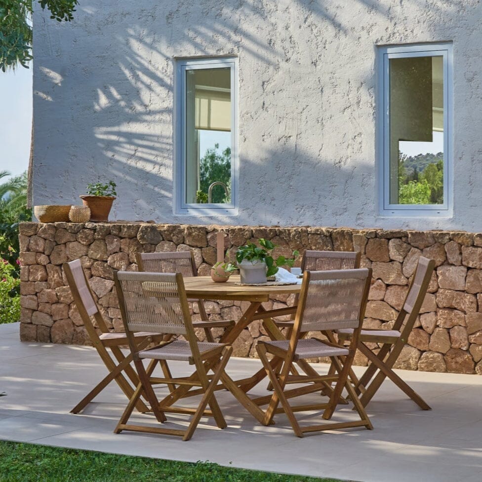 Ashby 6 Seater Wooden Round Garden Dining Set with 6 Cove Rope Chairs & Cream Parasol - 130cm - Image 10