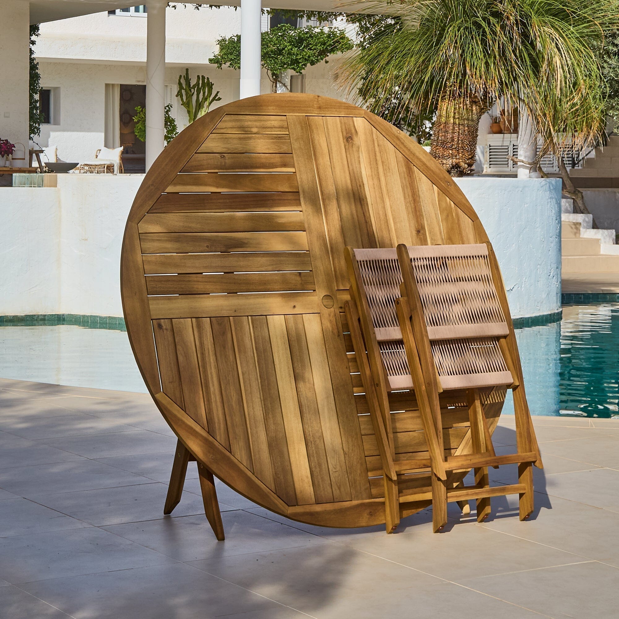 Ashby 6 Seater Wooden Round Garden Dining Set with 6 Cove Rope Chairs & Cream Parasol - 160cm - Image 13