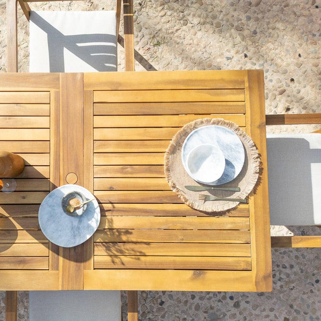Aspen 6 Seater Wooden Extendable Garden Dining Set with Cushions & Cream LED Premium Parasol  - 160cm to 240cm - Image 10
