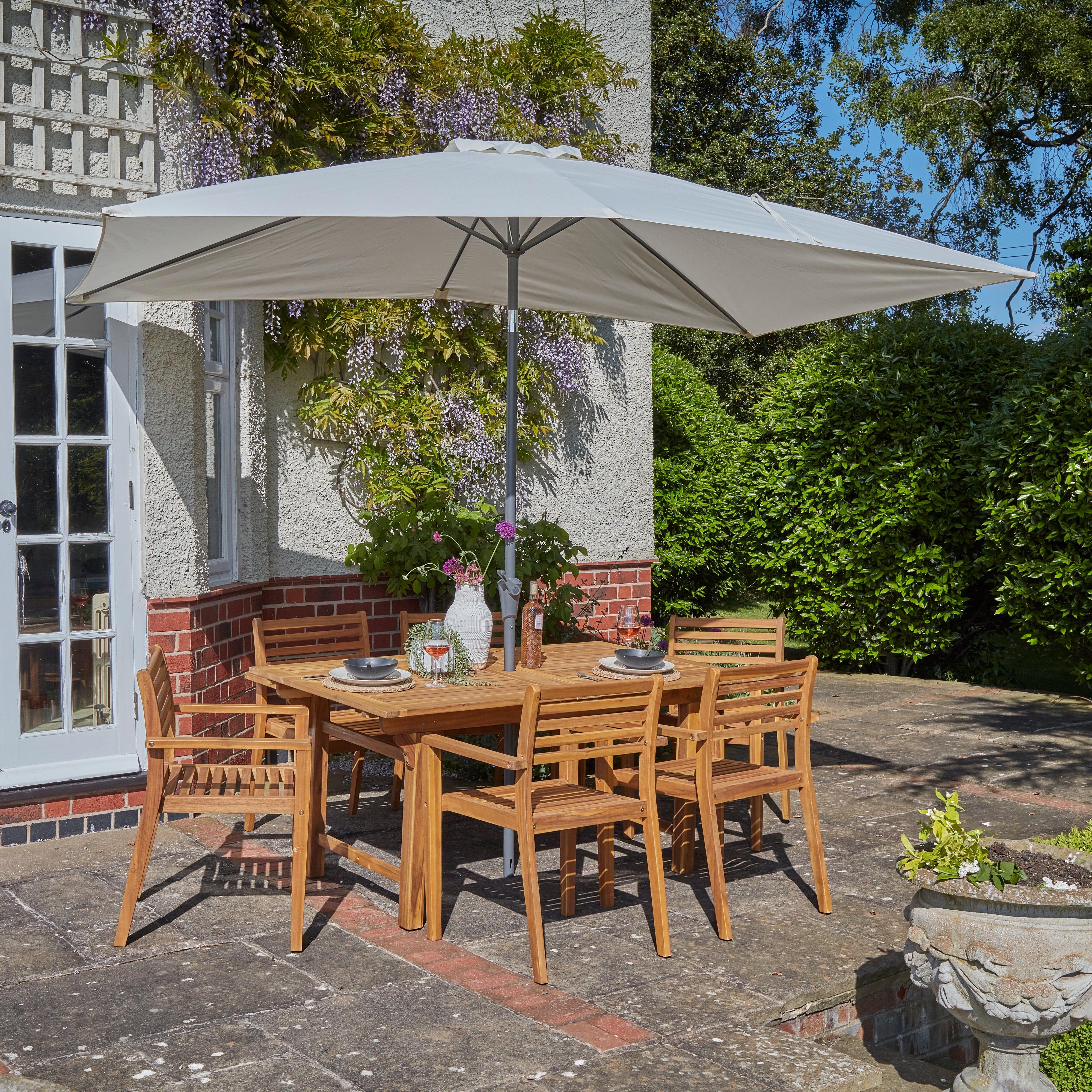 Aspen 6 Seater Wooden Garden Dining Set with Cream LED Premium Parasol - 140cm to 200cm
