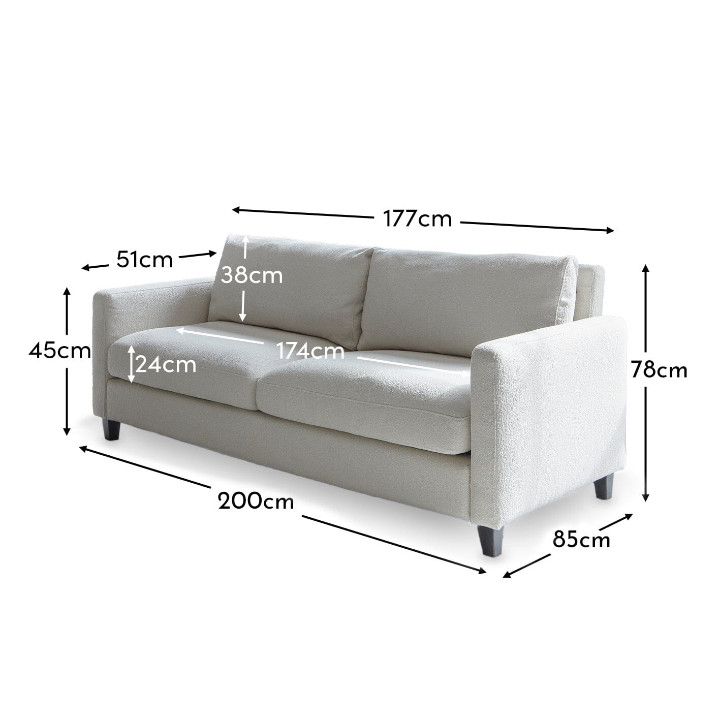 Ava 3 Seater Sofa - Light Beige Boucle with Black Oak Legs - Image 10