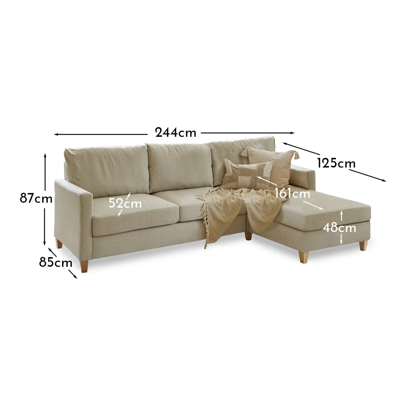 Ava Large Chaise Corner Sofa - Right Hand - Sand with Pale Oak Legs - Image 7