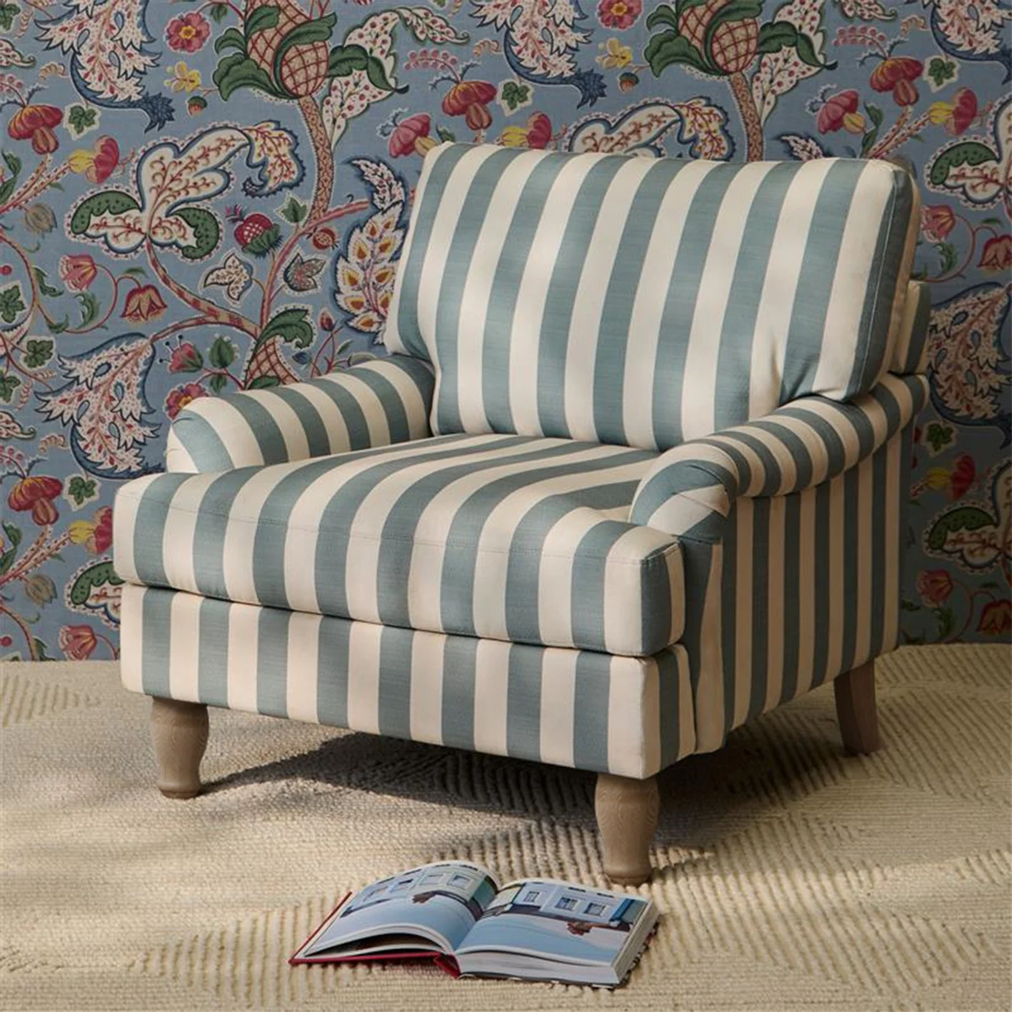 Brea Armchair -  Blue Stripe with Whitewash Legs - Image 3