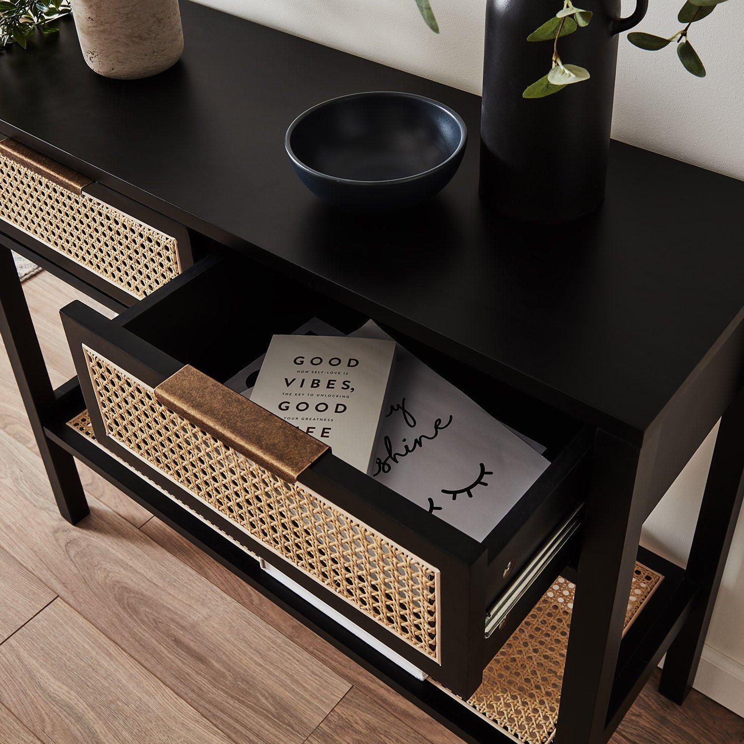 Charlie Black 2 Drawer Console Table - Cane Draws - Image 7
