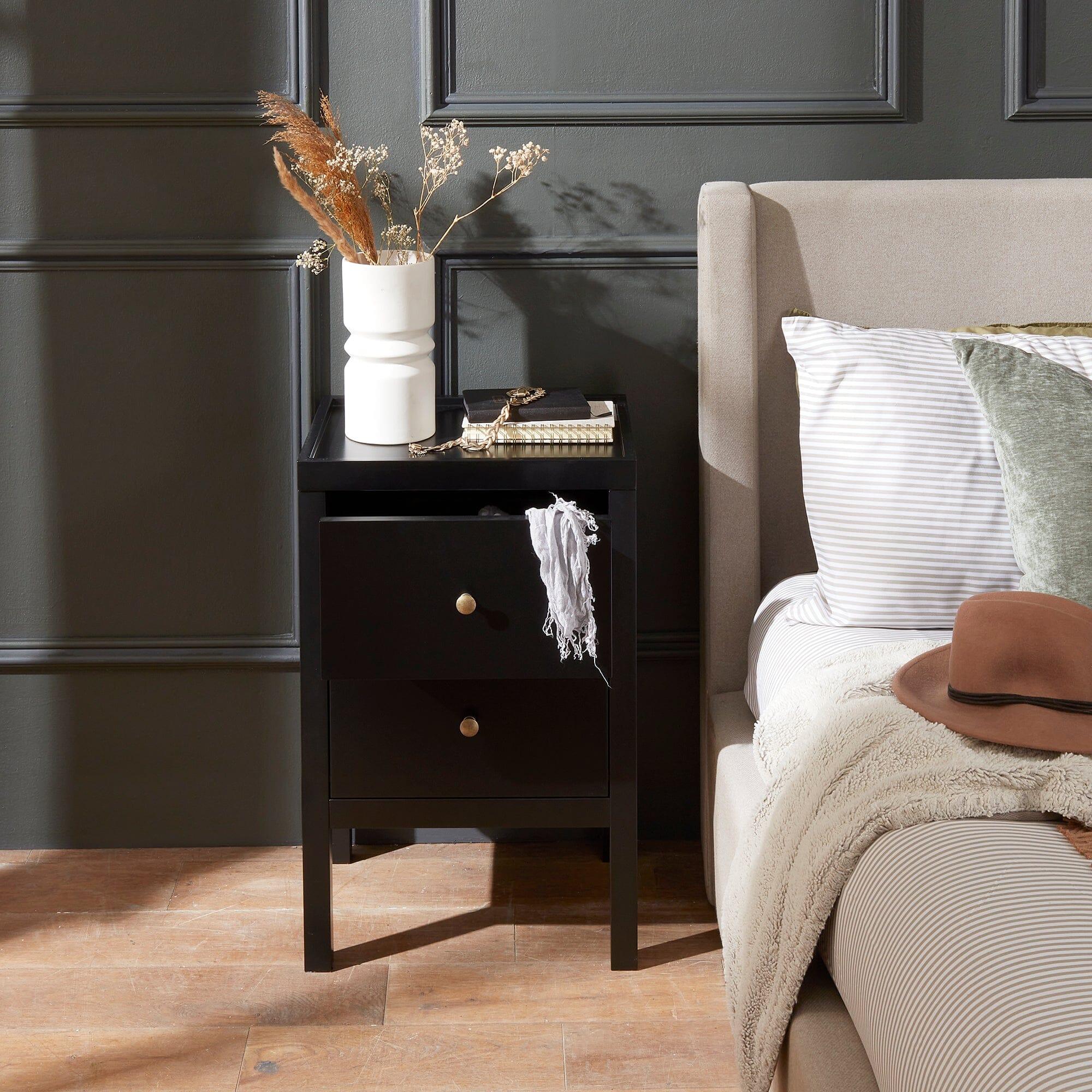 Charlie Two Drawer Bedside Table in Noir Black - Image 2
