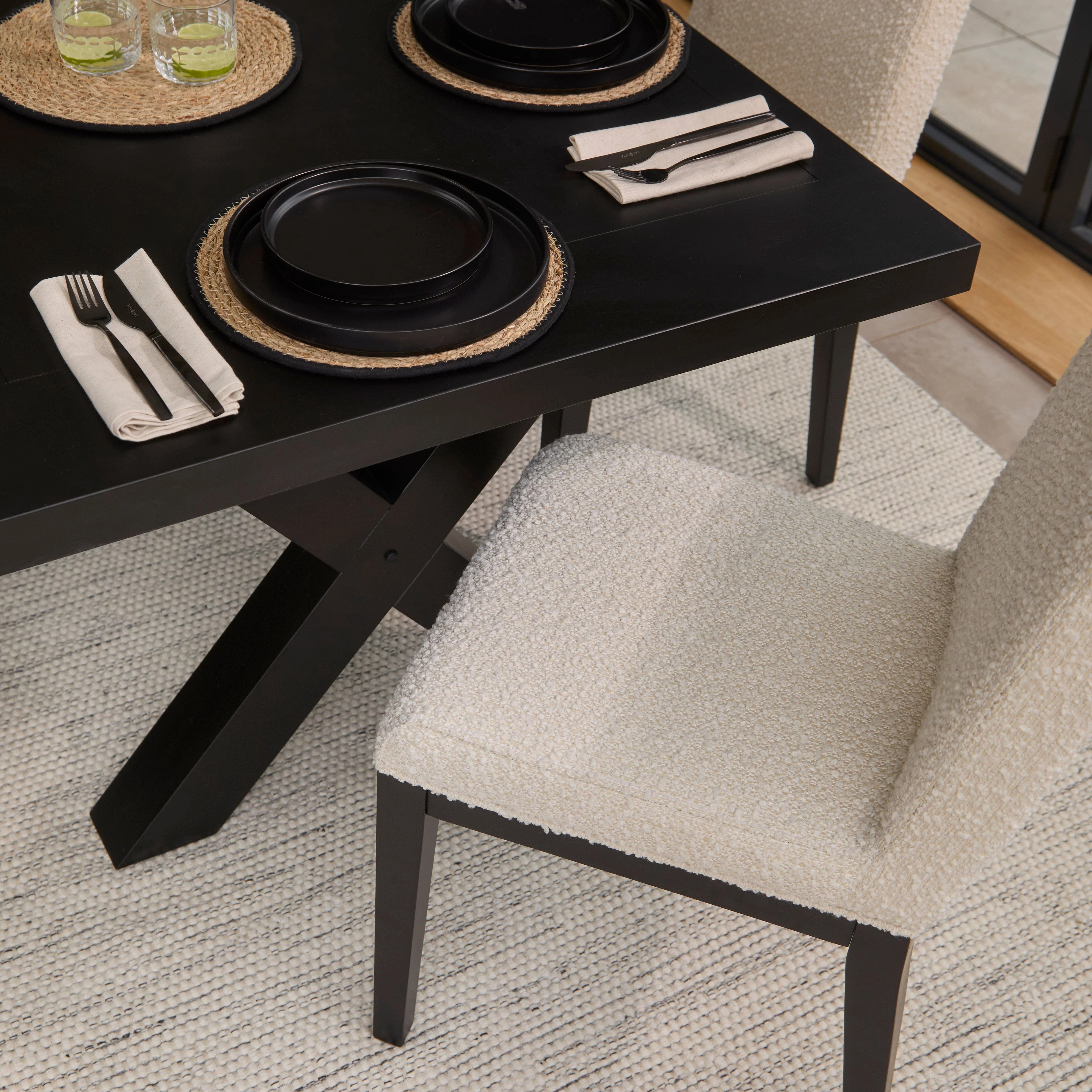 Charlotte Black Oak Extending Dining Table Set - 6 Seater - Nolan Boucle Dining Chairs - Black Oak Legs - Image 3