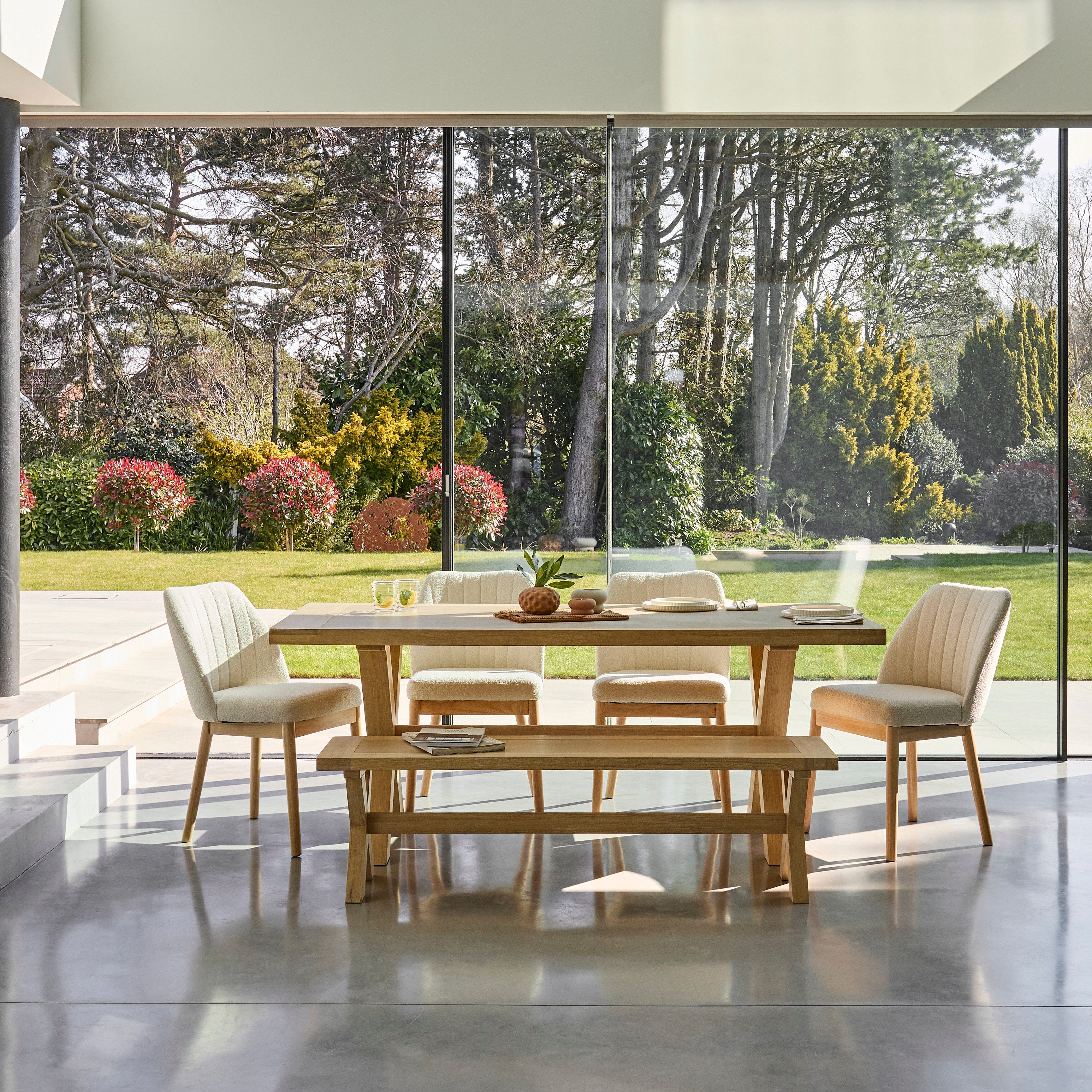 Charlotte Whitewash Dining Table Set - 6 Seater - Chloe Boucle Dining Chairs & Charlotte Bench - Image 4