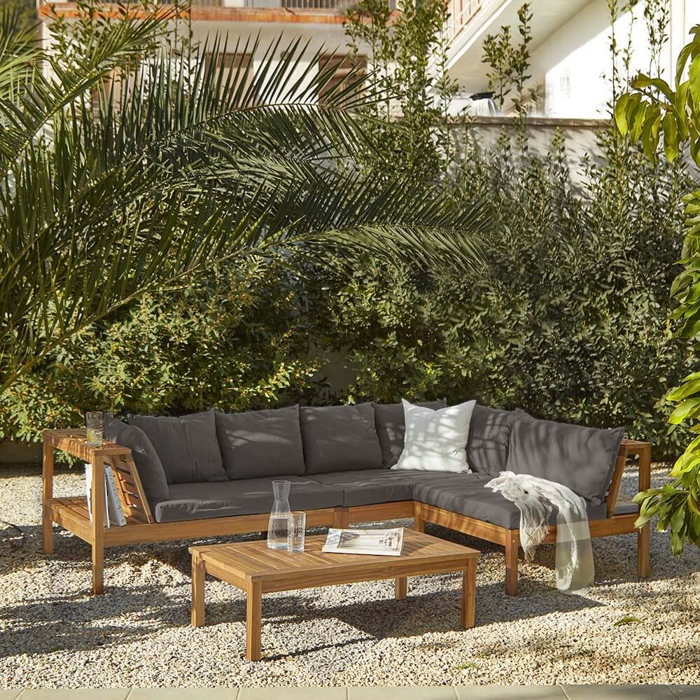 Dakota Wooden Garden Corner Sofa Set with Cream Parasol - Grey Cushions - Image 6