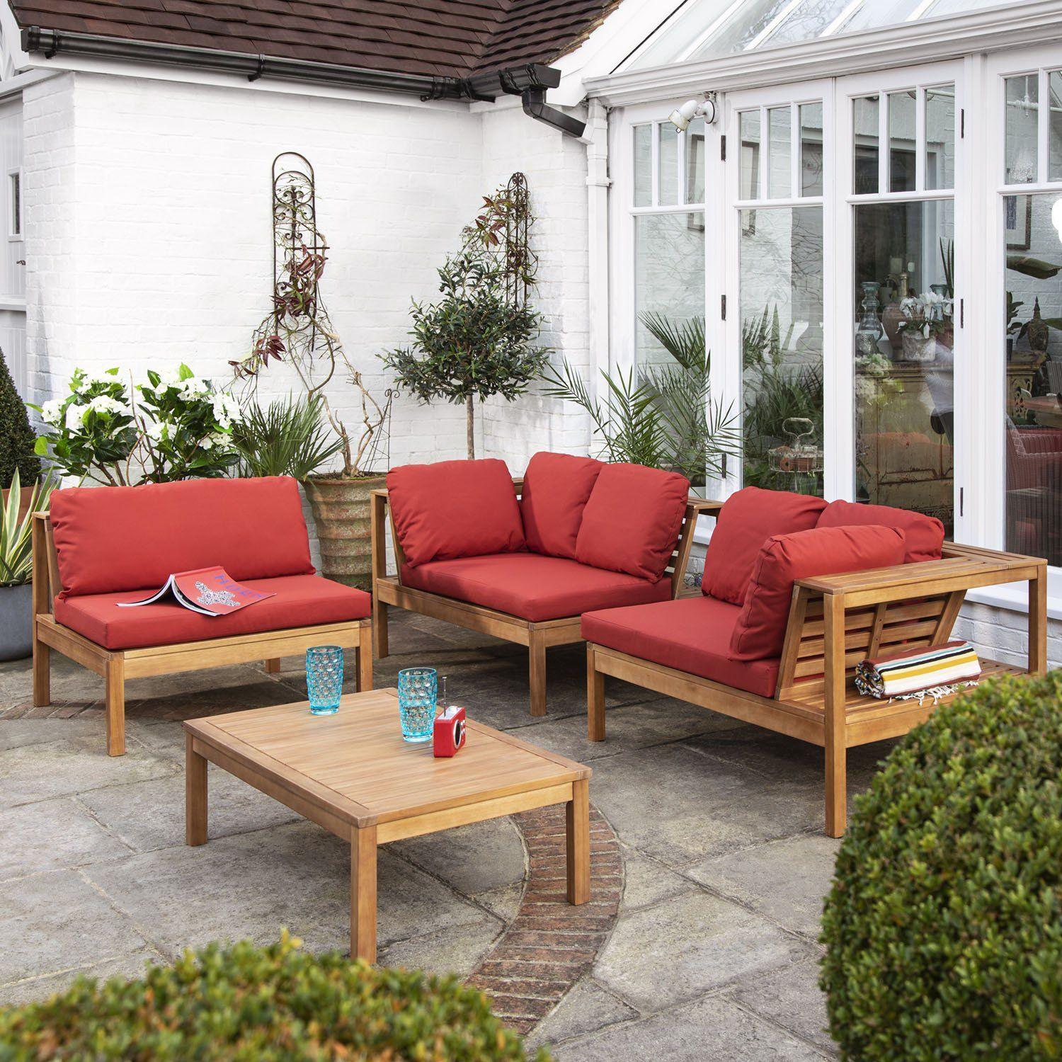 Dakota Wooden Garden Corner Sofa Set - Red Cushions - Image 8