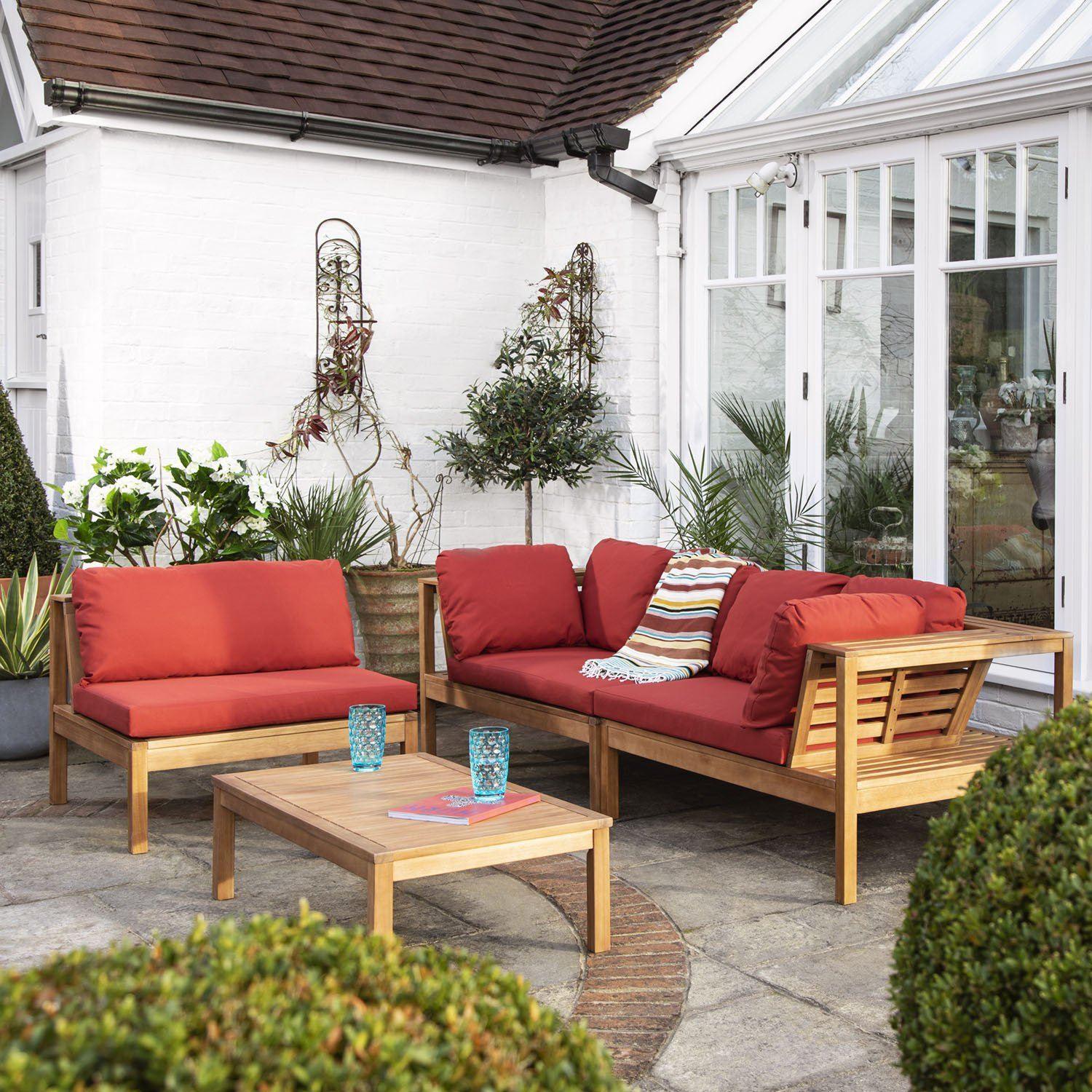 Dakota Wooden Garden Corner Sofa Set with Grey LED Premium Parasol - Red Cushions - Image 4
