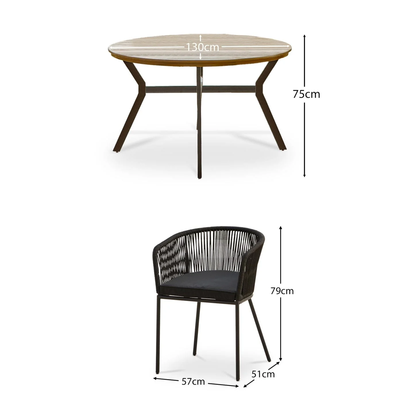 Ezra 4 Seater Round Wooden Garden Dining Set with 4 Hali Black Rope Chairs - Image 16
