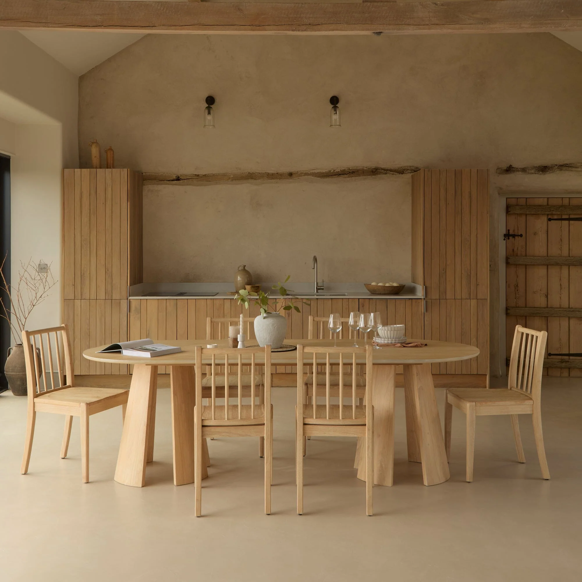 Farren Whitewash Oval Dining Table Set - 6 Seater - Tilly Dining Chairs - Whitewash Oak Legs
