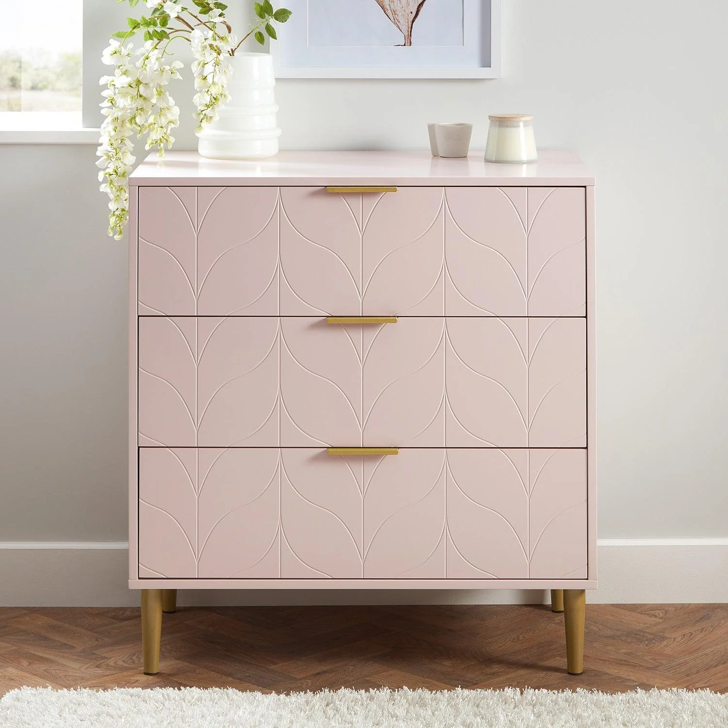 Gloria 3 Piece Bedroom Furniture Set - 3 Drawer Chest of Drawers - Blush Pink - Image 9