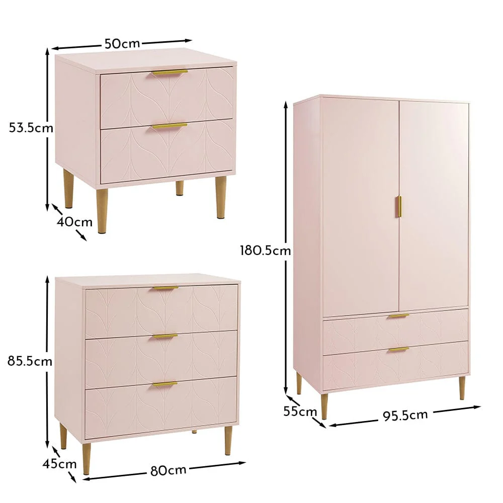 Gloria 3 Piece Bedroom Furniture Set - 3 Drawer Chest of Drawers - Blush Pink - Image 17