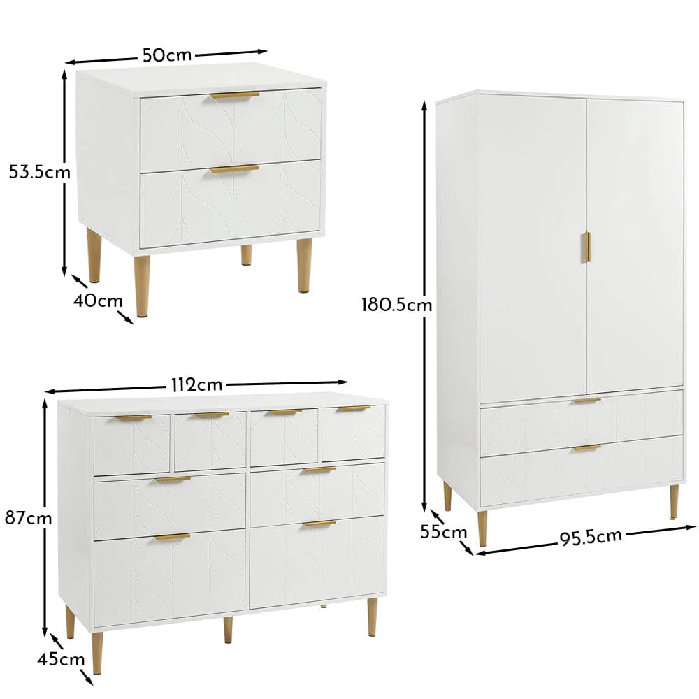 Gloria 3 Piece Bedroom Furniture Set - 4 Over 4 Chest of Drawers - White - Image 15