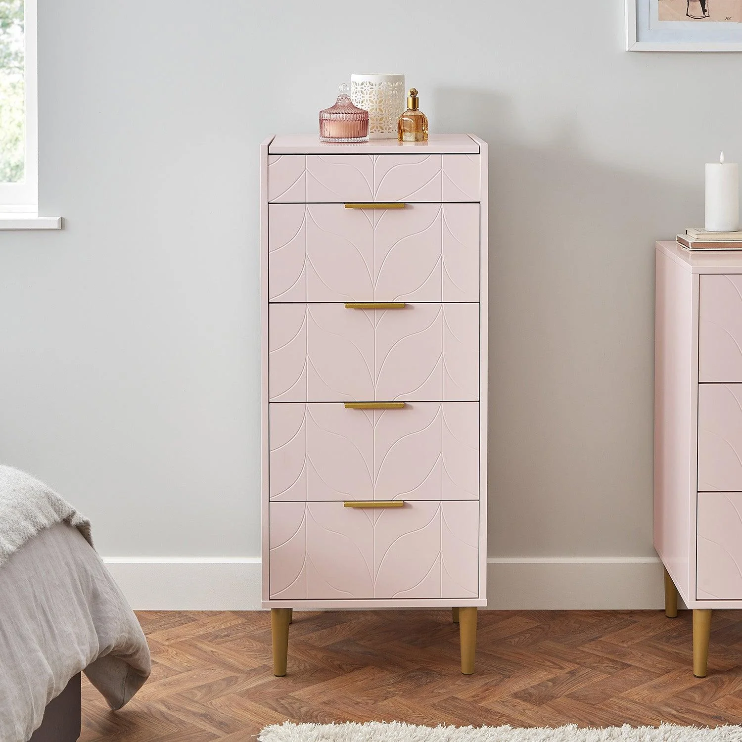Set-Gloria Bedside Table - 3 Drawer Chest - Tallboy & Wardrobe - Blush Pink - Image 13