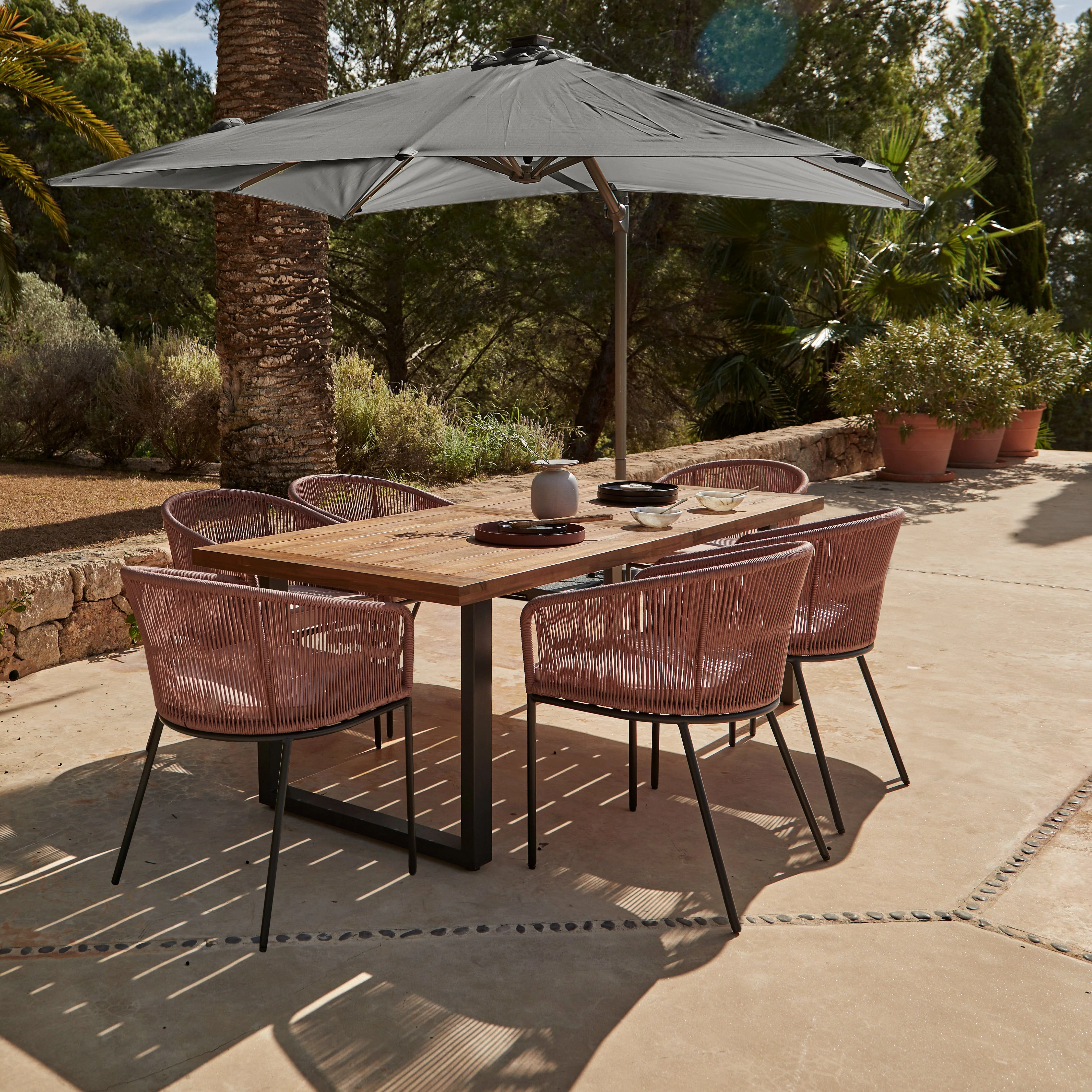 Hali 6 Seater Wooden Outdoor Dining Set with Hali Pink Chairs & Grey LED Premium Cantilever Parasol - 175cm