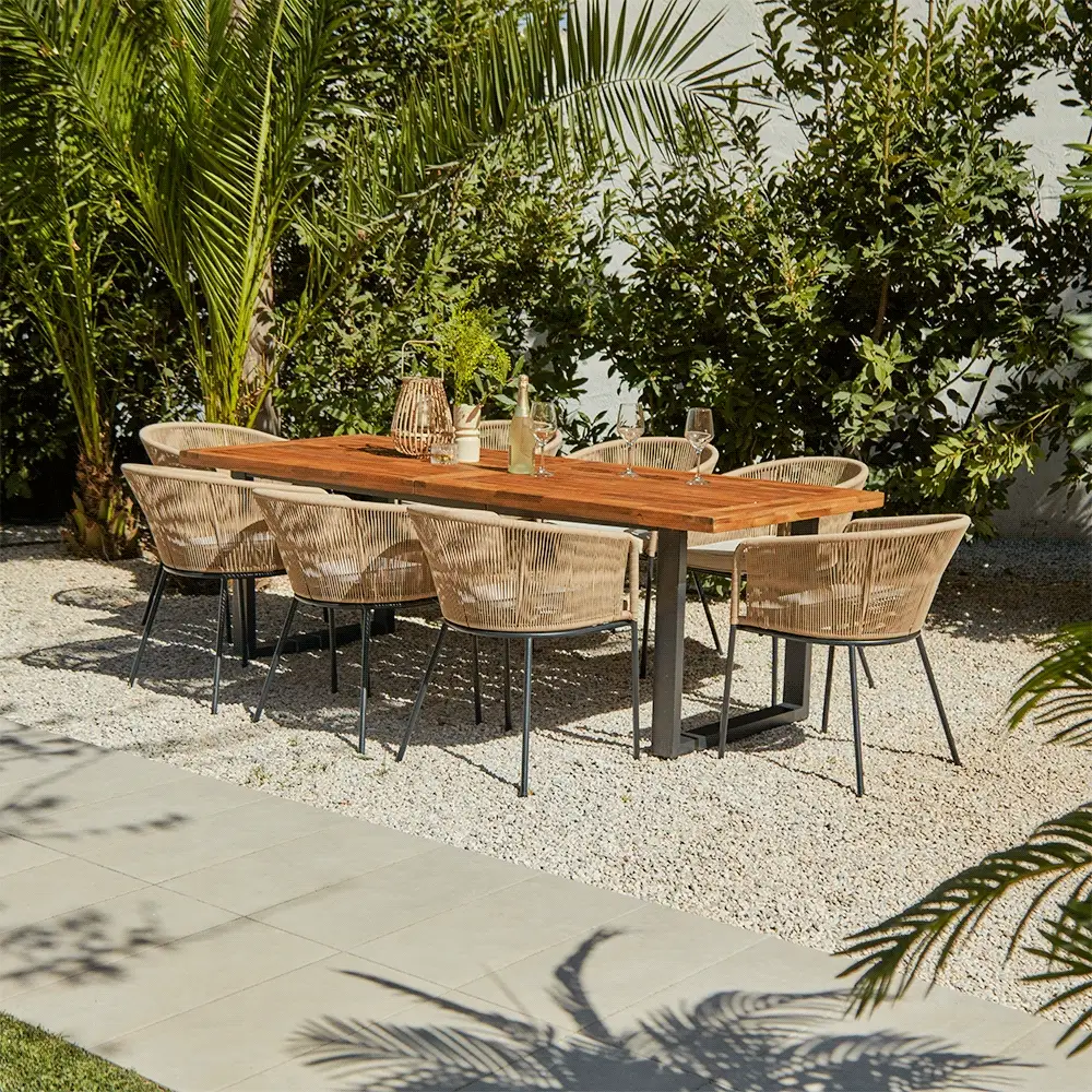 Hali 6 Seater Wooden Outdoor Dining Set with Hali Natural Chairs & Cream Lean Over Parasol- 175cm - Image 5