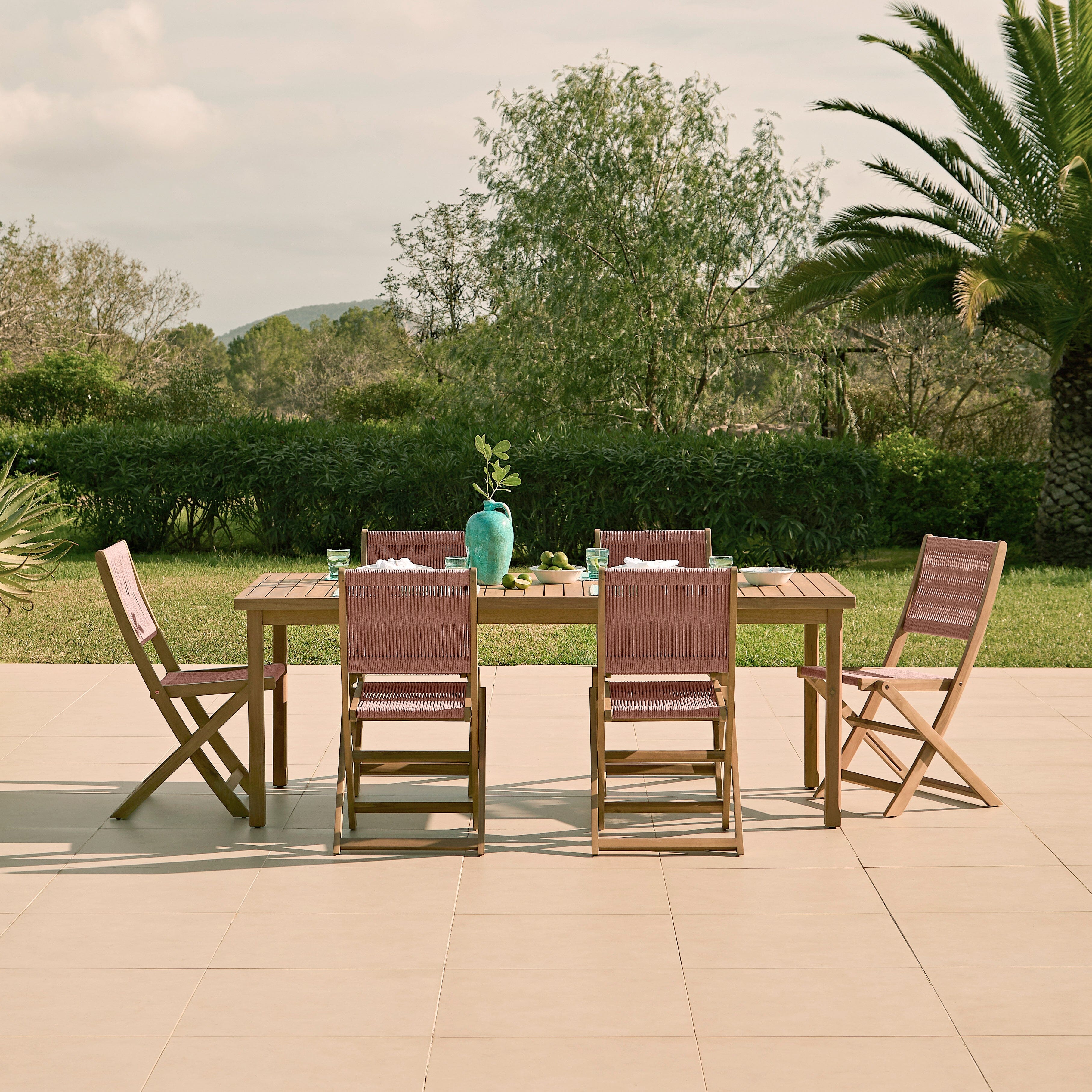 Harlyn 6 Seater Wooden Garden Dining Set with Cove Pink Rope Chairs - 200cm