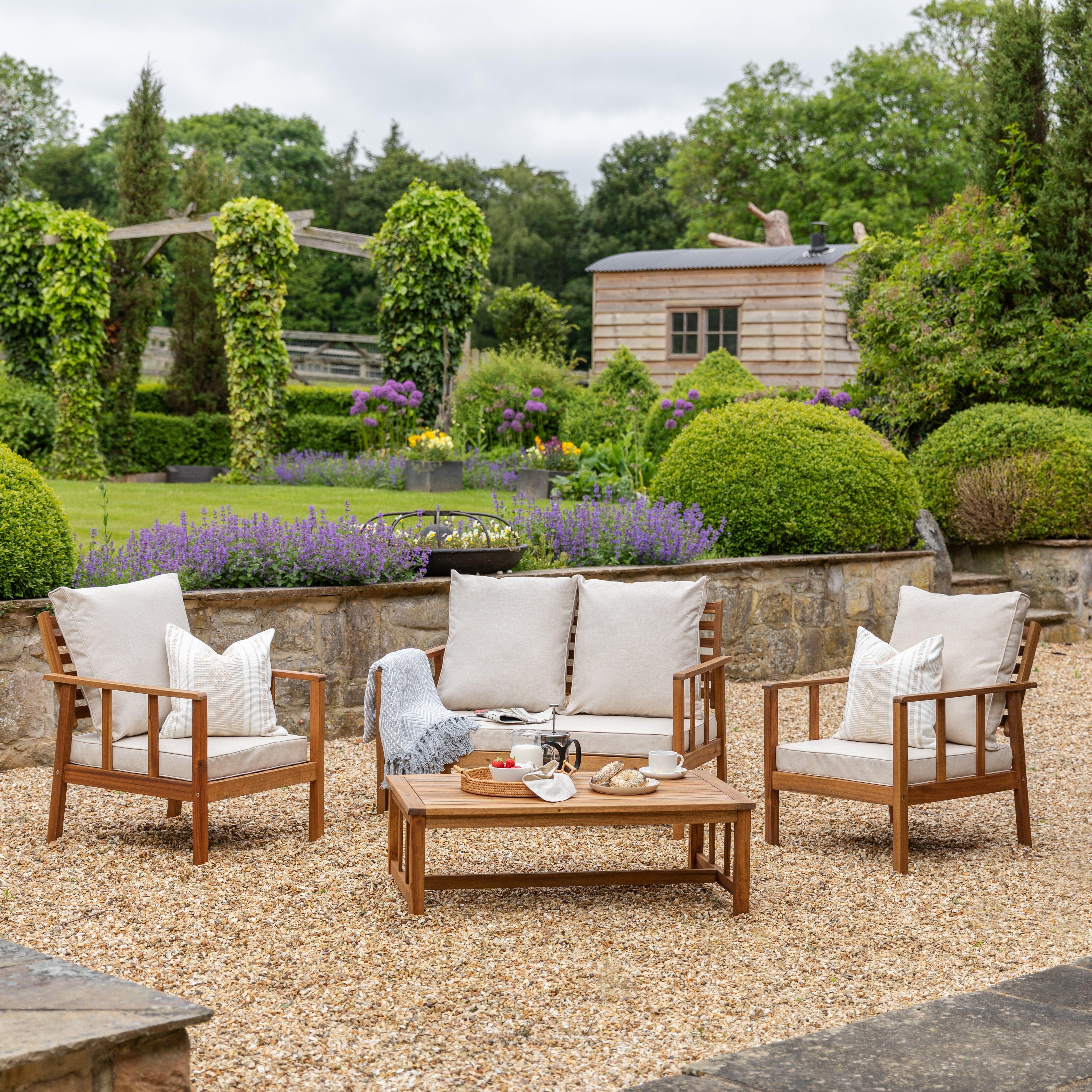 Harrelson Wooden Garden Sofa Set with Grey Lean Over Parasol - Natural - Image 2