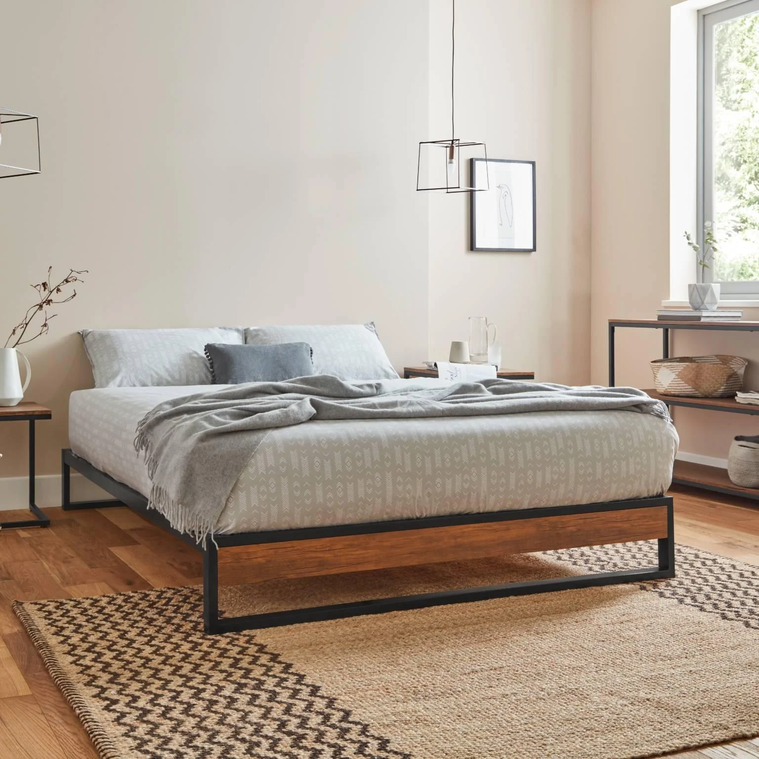 Heeley King Size Platform Bed - Black Metal & Wood Effect - Image 4