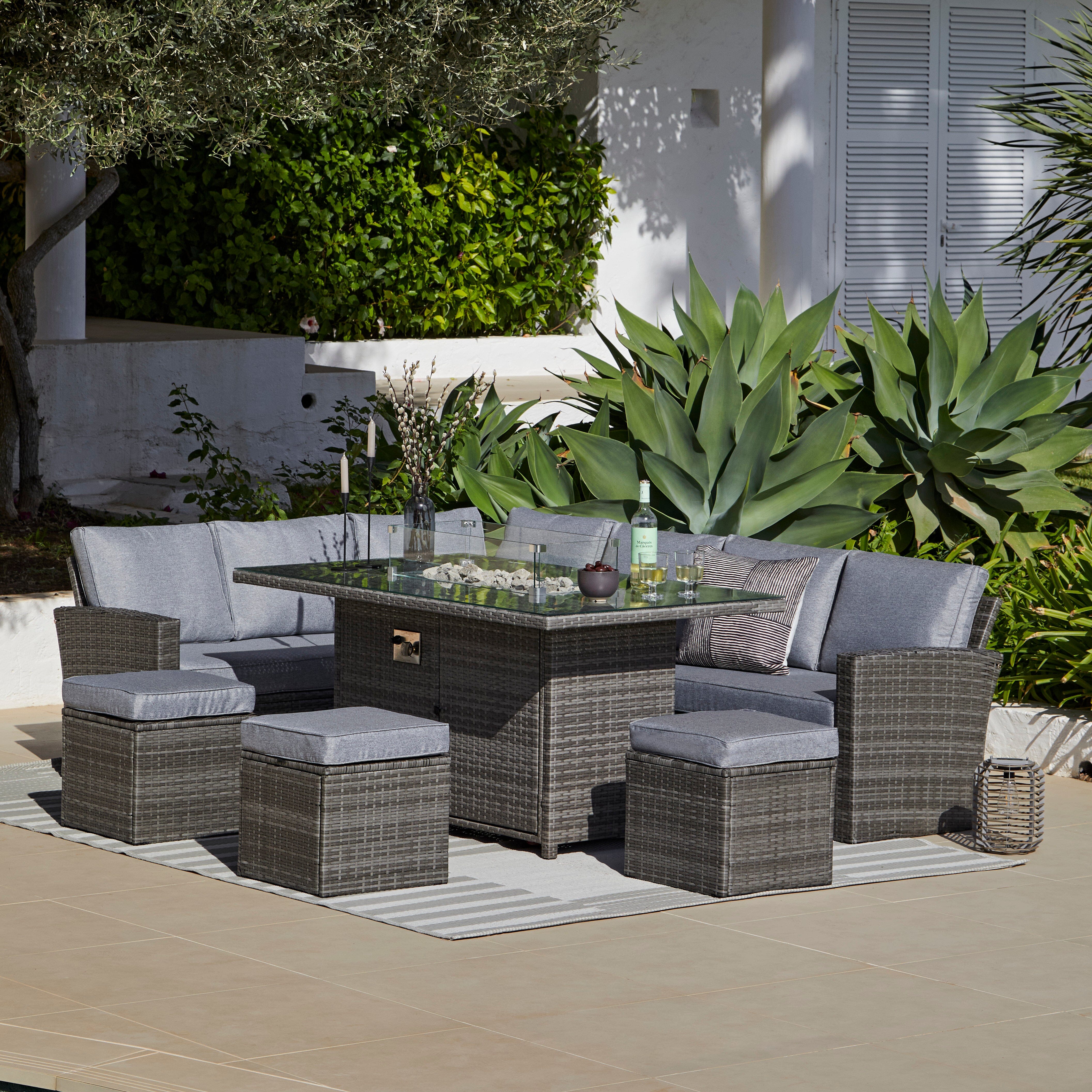 Aston 9 Seater Rattan Garden Corner Sofa Set with Grey Lean Over Parasol - Firepit - Grey - Image 3