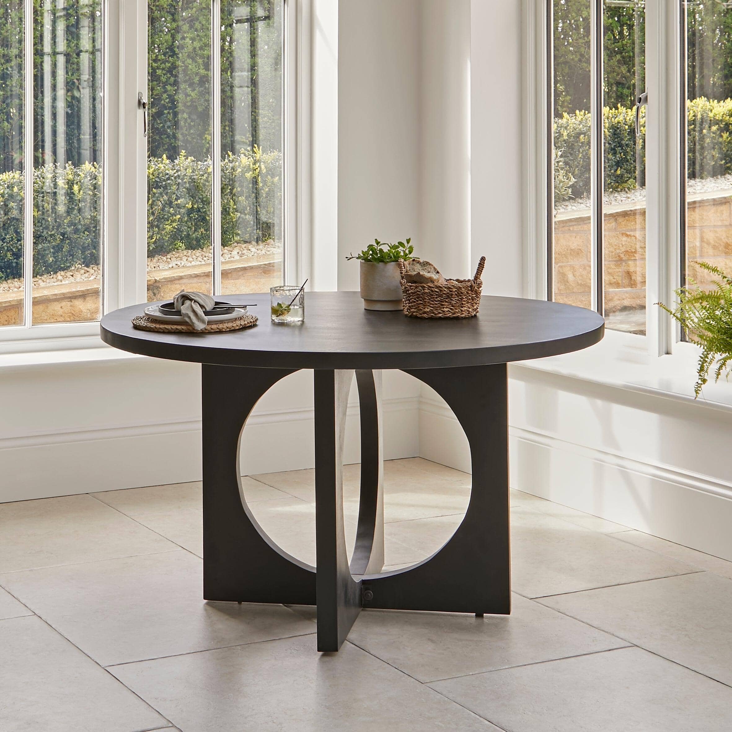 Jade Jet Black Round Acacia Dining Table Set - 4 Seater - Freya Fern Green Dining Chairs - Black Legs - Image 3