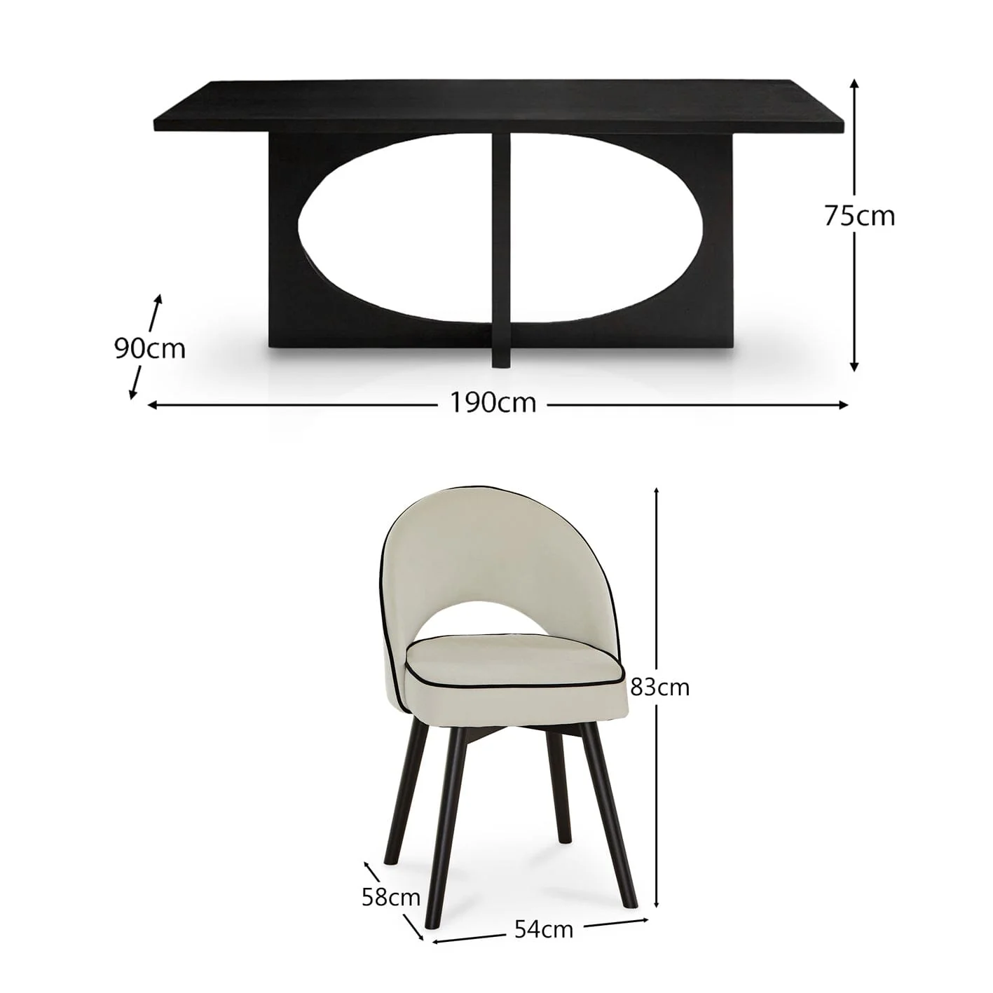 Jade Jet Black Rectangular Acacia Dining Table Set - 6 Seater - Marilyn Ivory with Black Piping Dining Chairs with Black Legs - Image 10
