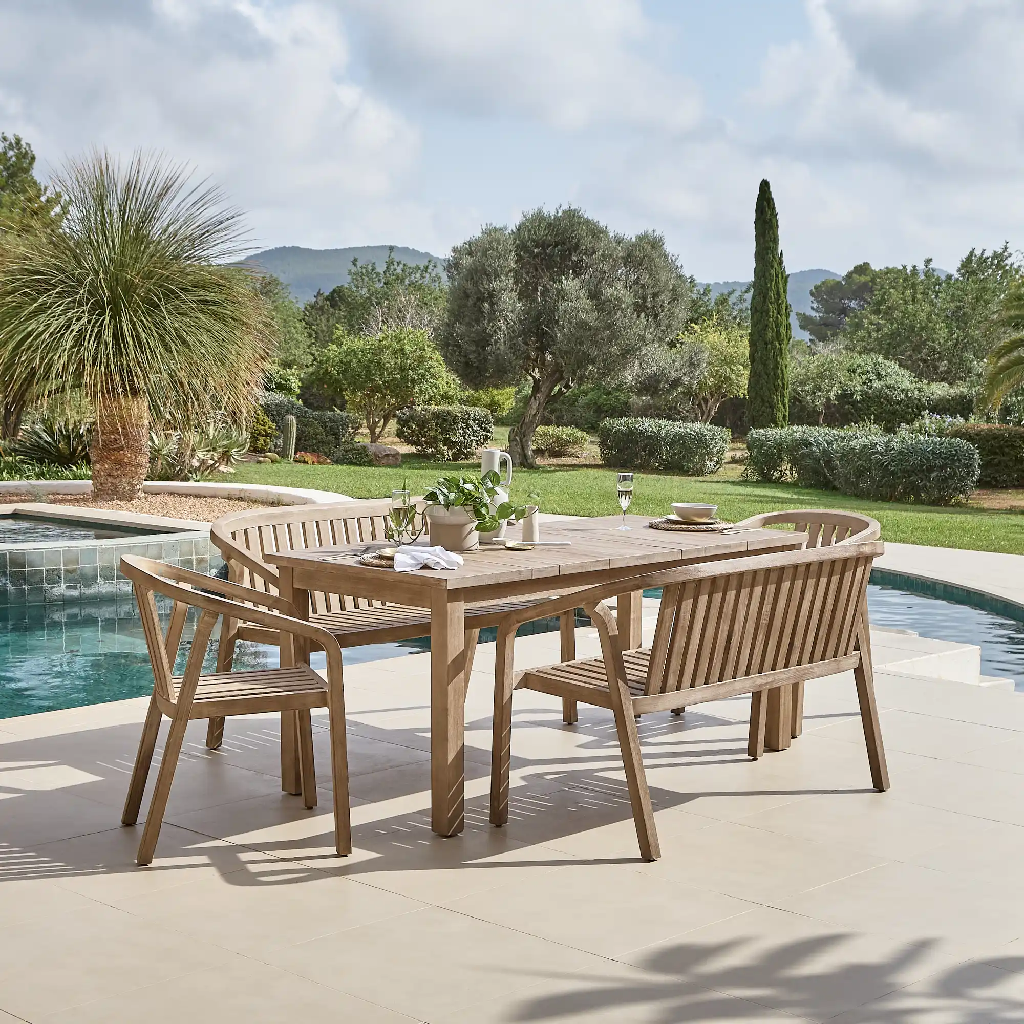 Kuro 6 Seater Wooden Garden Dining Set with 2 Shiro Chairs & 2 Benches